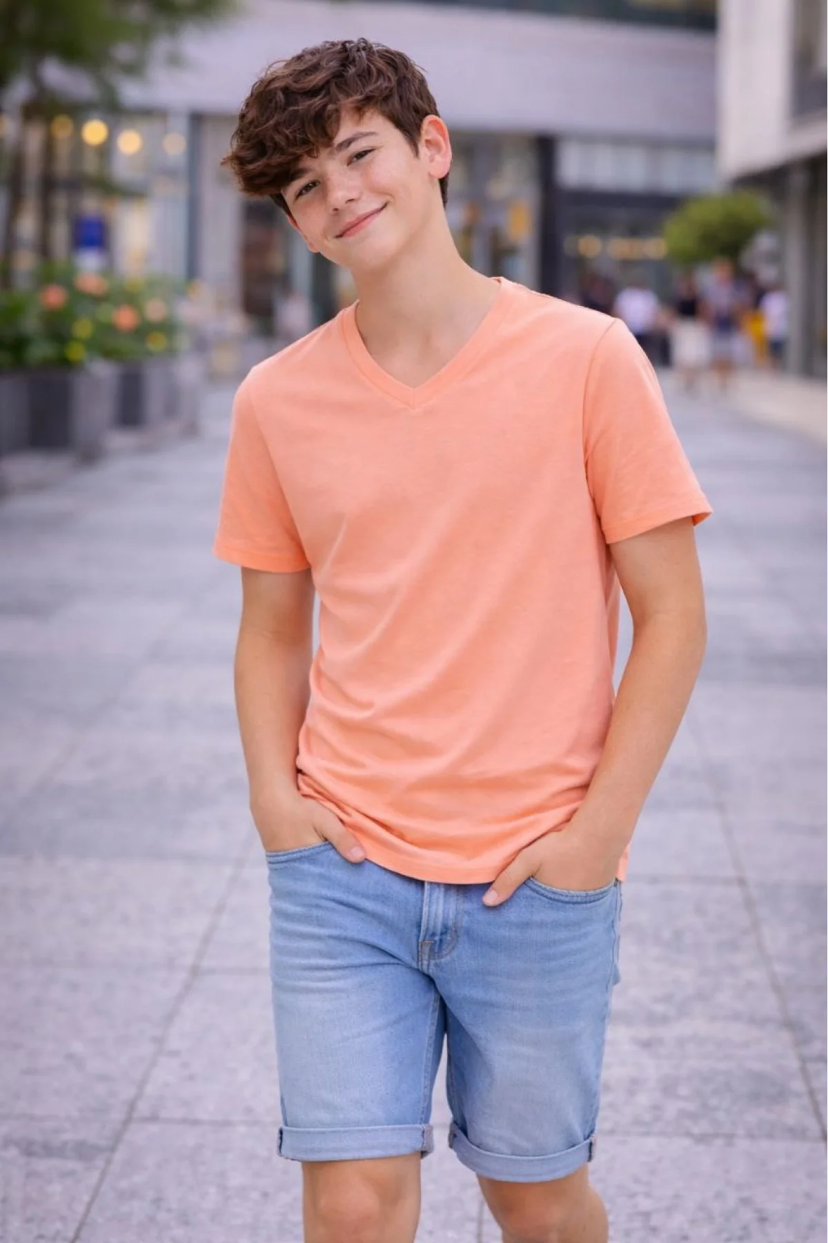 Genç Erkek Çocuk V Yaka Tişört Model - Toz Pembe