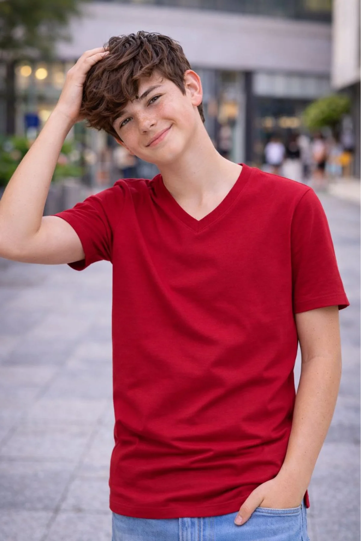 Genç Erkek Çocuk V Yaka Tişört Model - Bordo