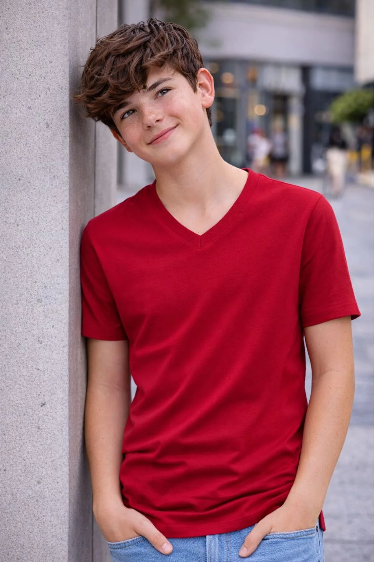 Genç Erkek Çocuk V Yaka Tişört Model - Bordo