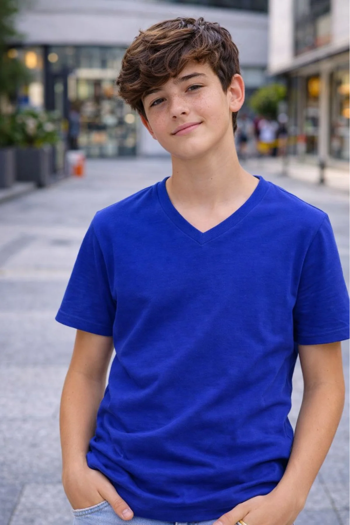Genç Erkek Çocuk V Yaka Tişört Model - Saks Mavisi