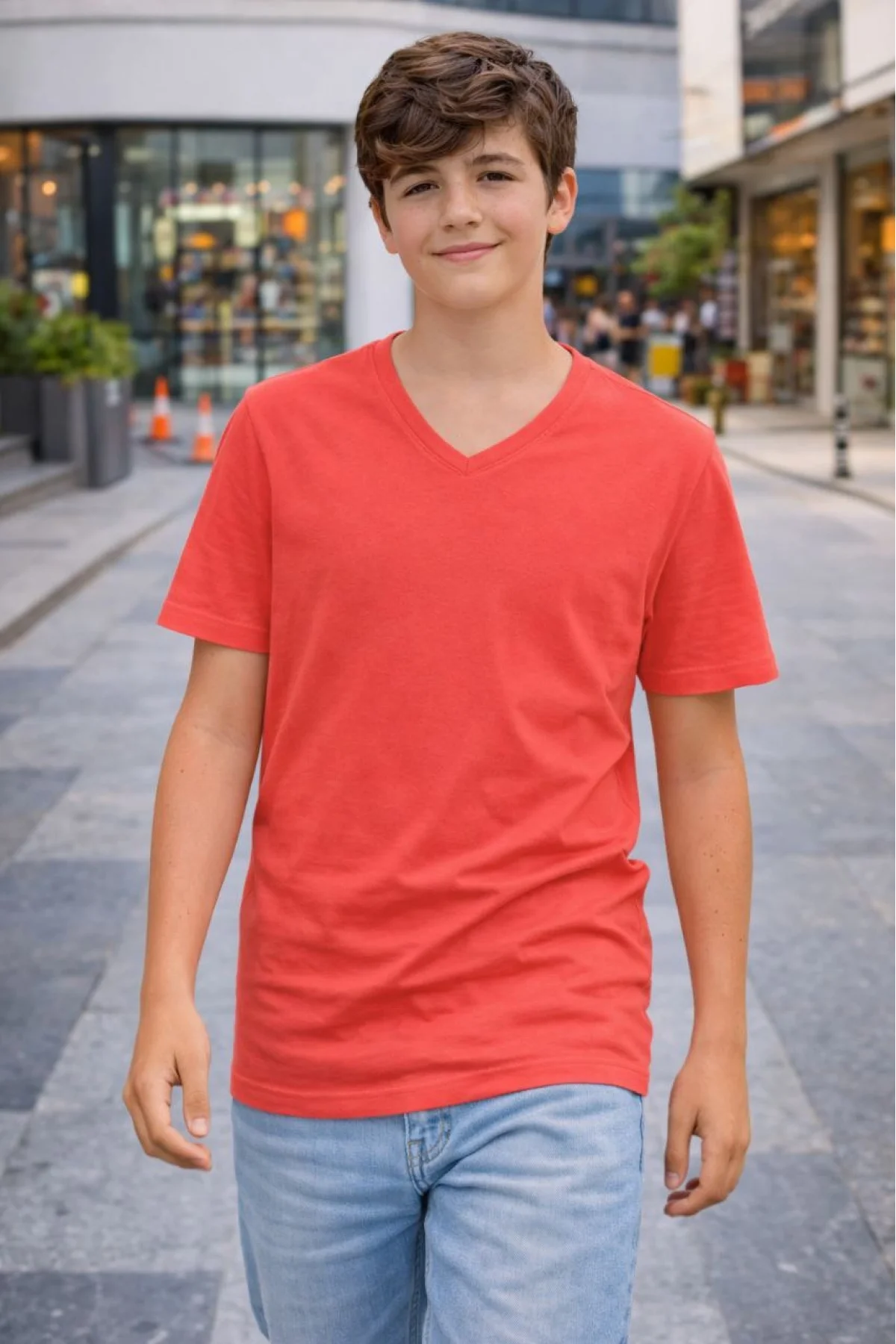 Genç Erkek Çocuk V Yaka Tişört Model - Nar Çiçeği