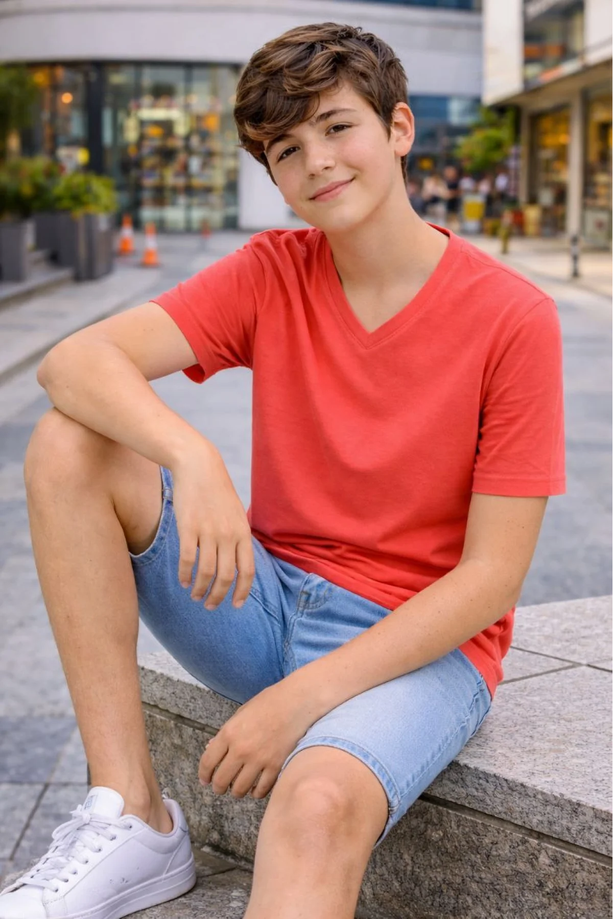 Genç Erkek Çocuk V Yaka Tişört Model - Nar Çiçeği