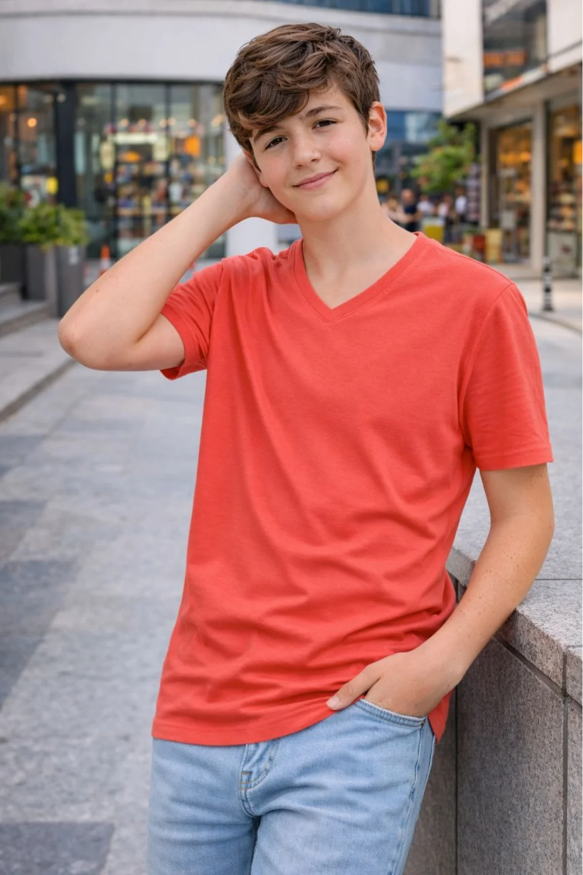 Genç Erkek Çocuk V Yaka Tişört Model - Nar Çiçeği