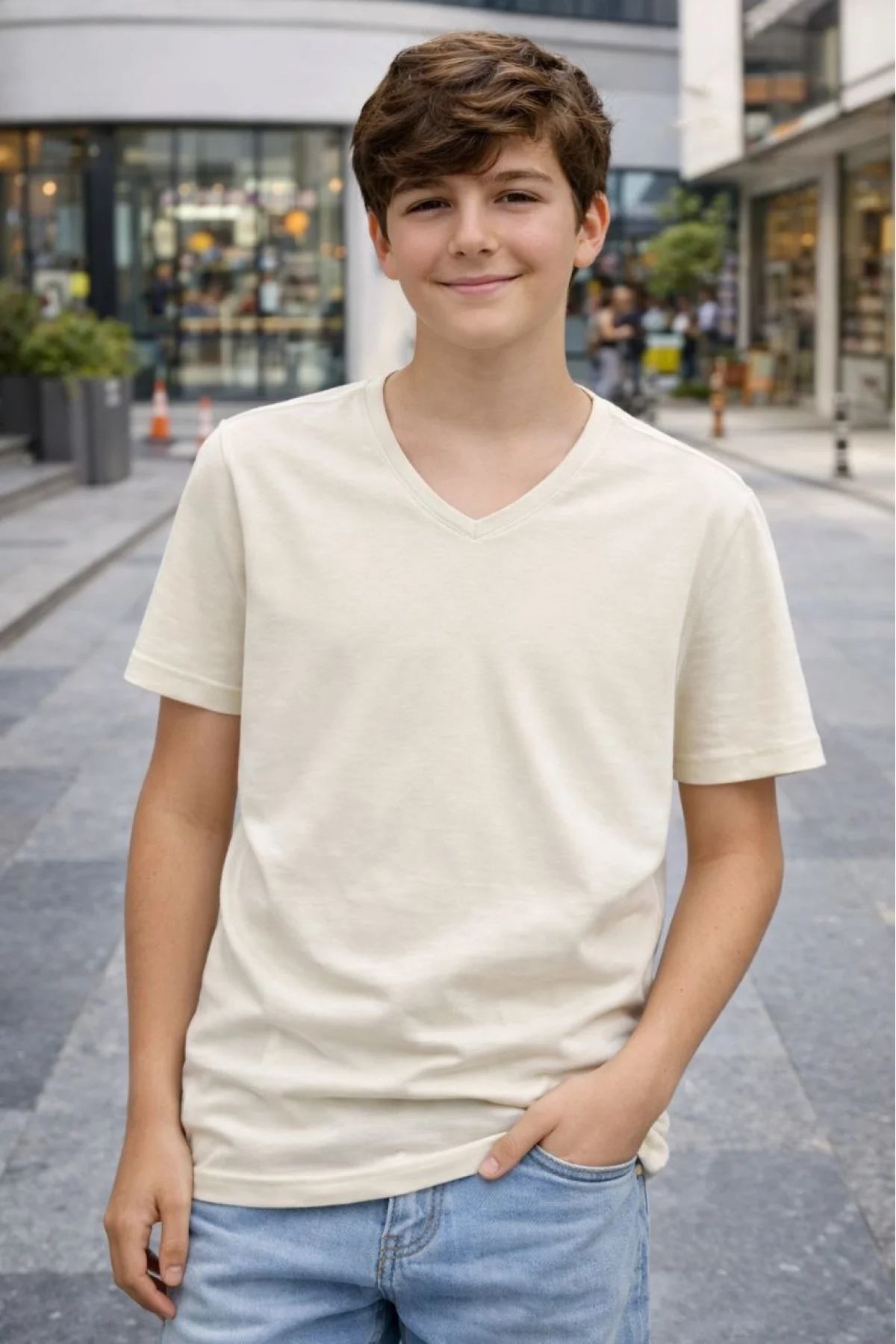 Genç Erkek Çocuk V Yaka Tişört Model - Taş