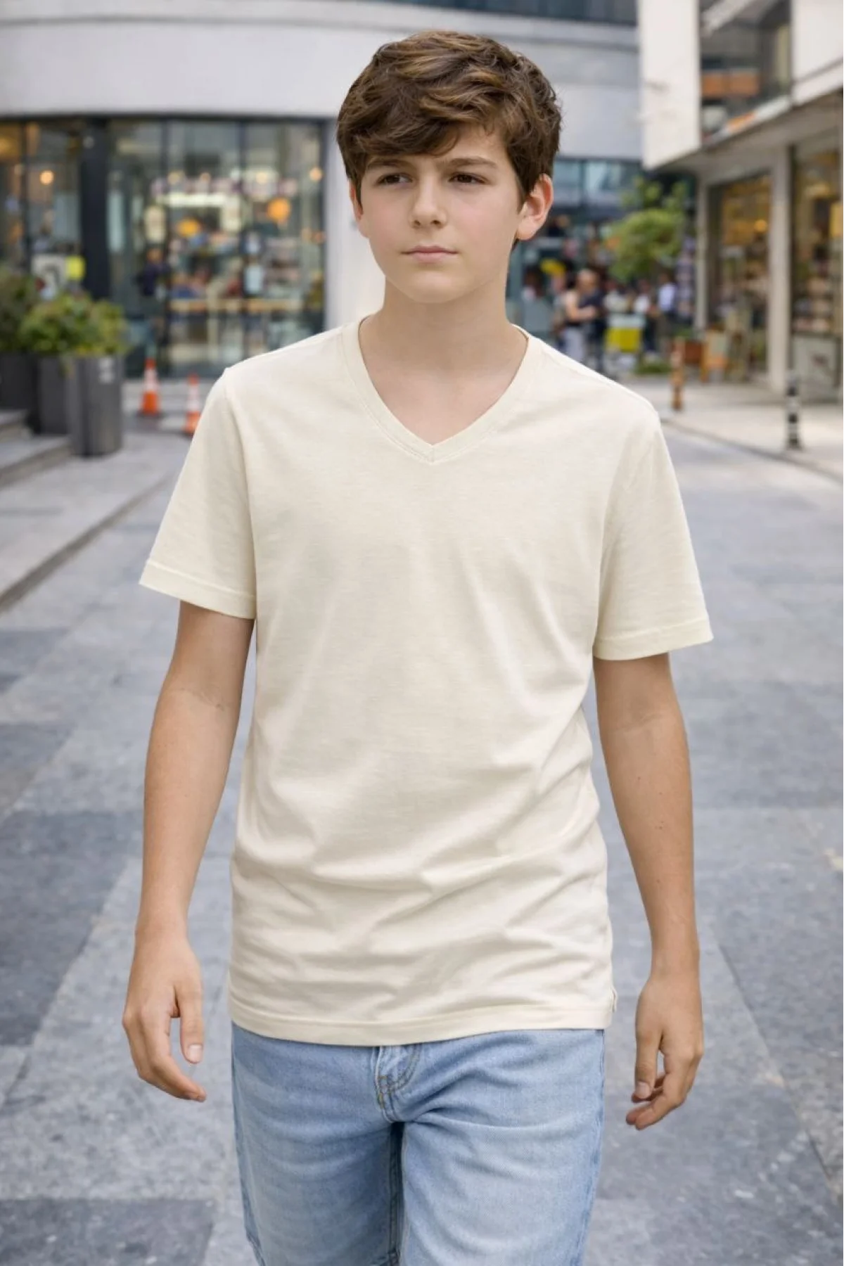Genç Erkek Çocuk V Yaka Tişört Model - Taş