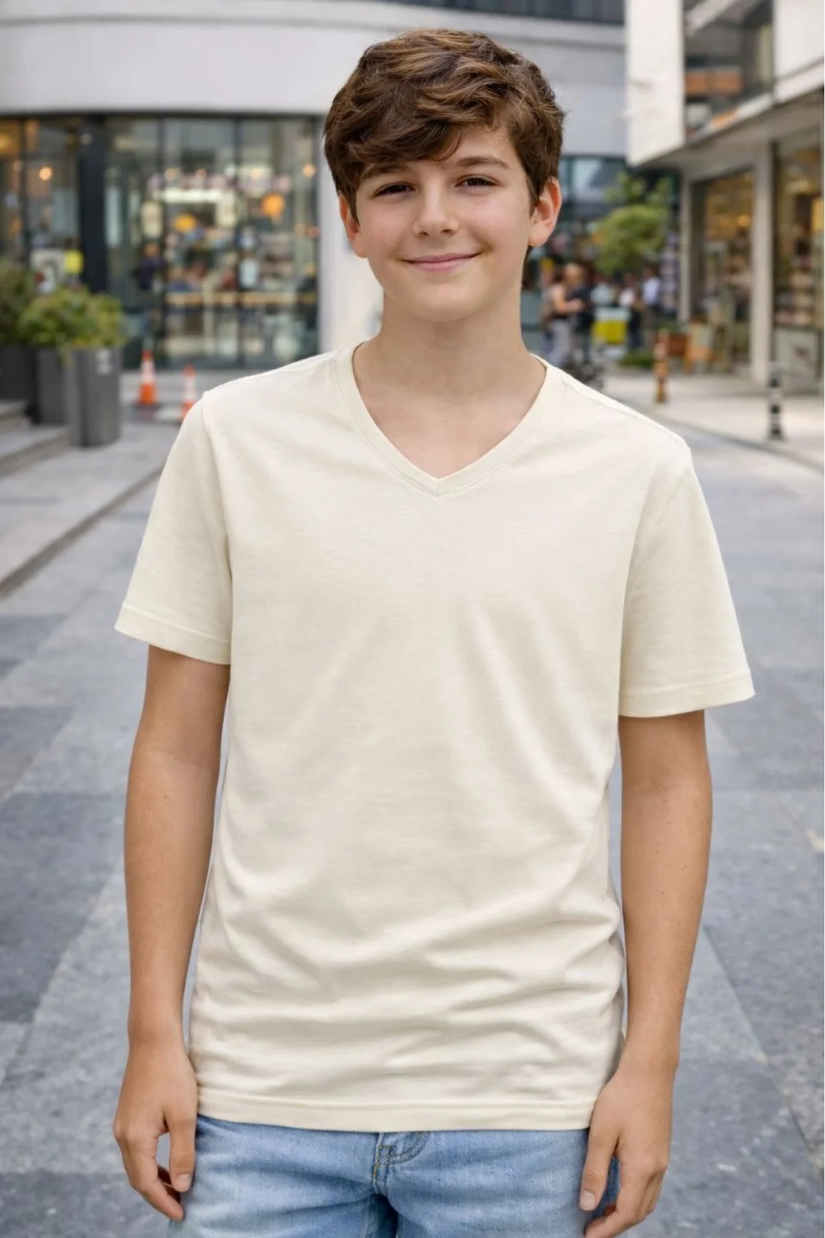 Genç Erkek Çocuk V Yaka Tişört Model - Taş