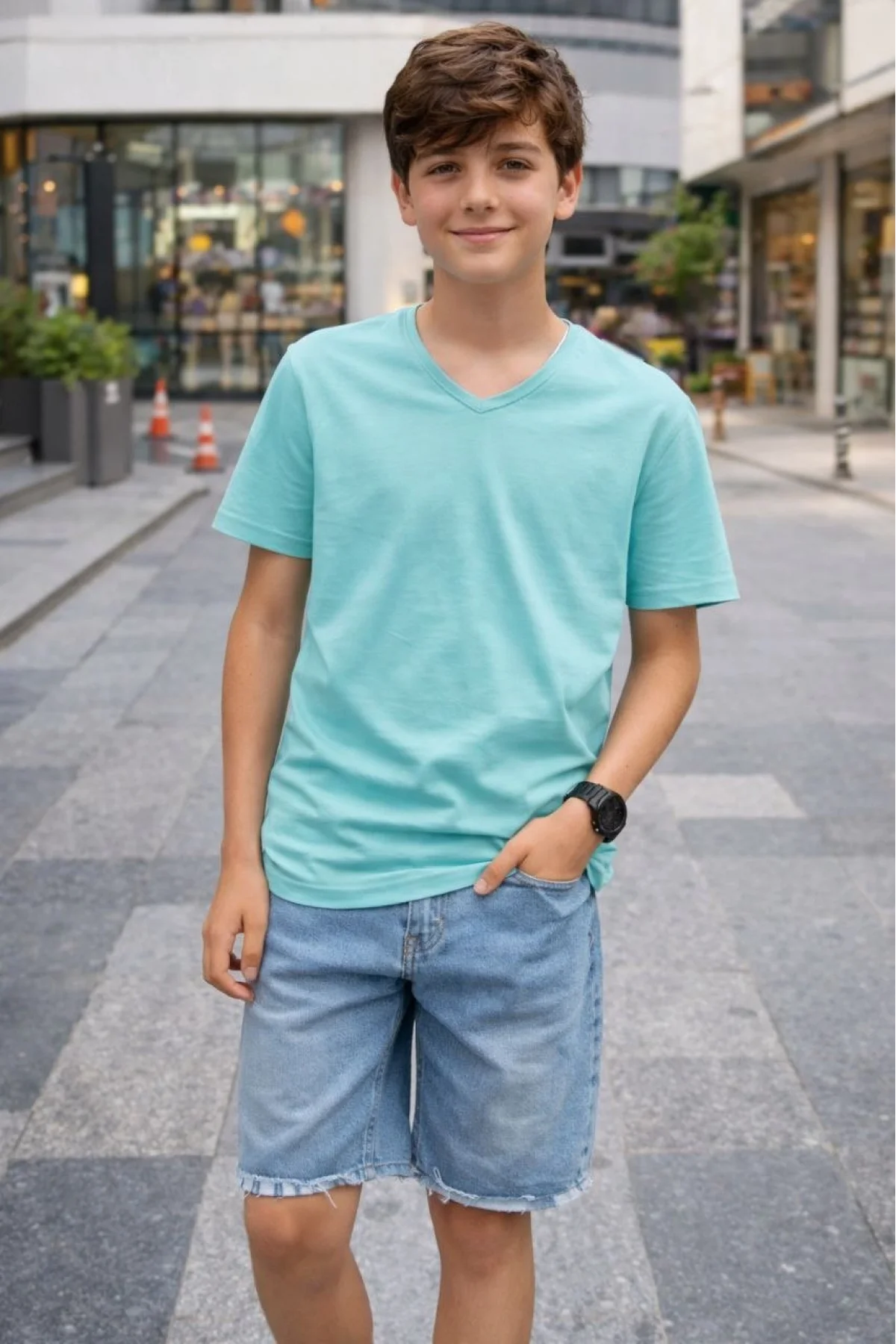Genç Erkek Çocuk V Yaka Tişört Model - Turkuvaz