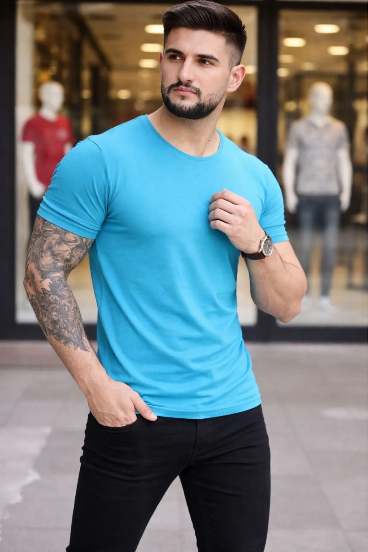 Erkek Bisiklet Yaka Slim Fit dar kesim Likralı Tişört - Açık Mavi