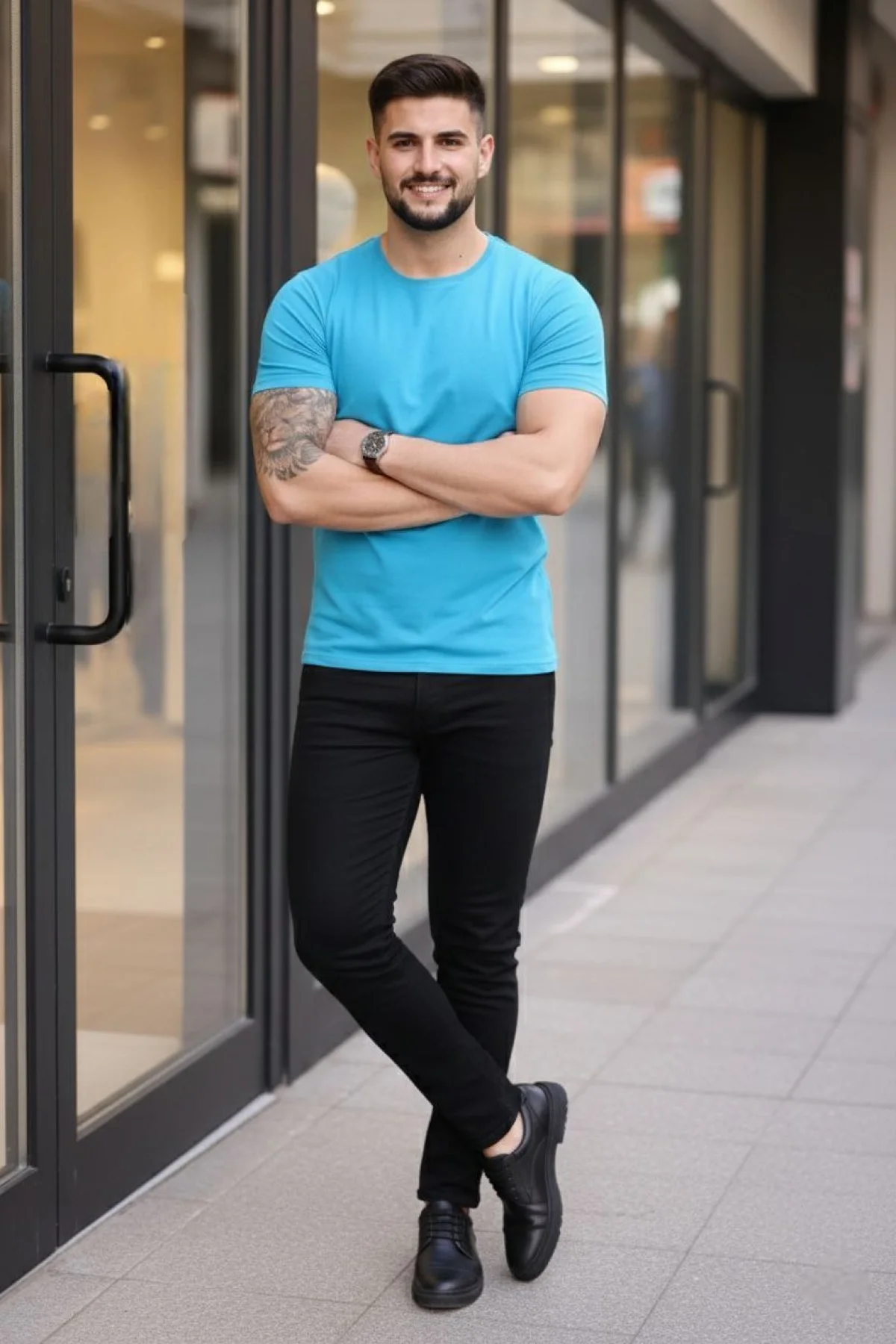 Erkek Bisiklet Yaka Slim Fit dar kesim Likralı Tişört - Açık Mavi