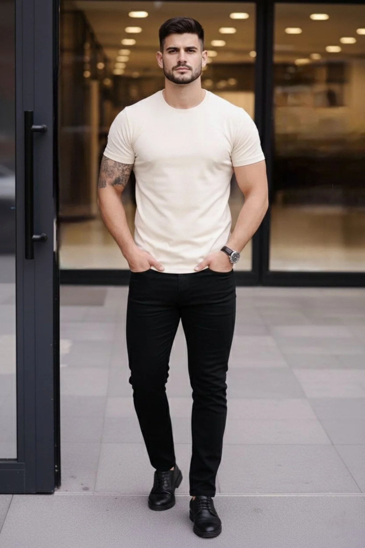 Erkek Bisiklet Yaka Slim Fit dar kesim Likralı Tişört - Taş