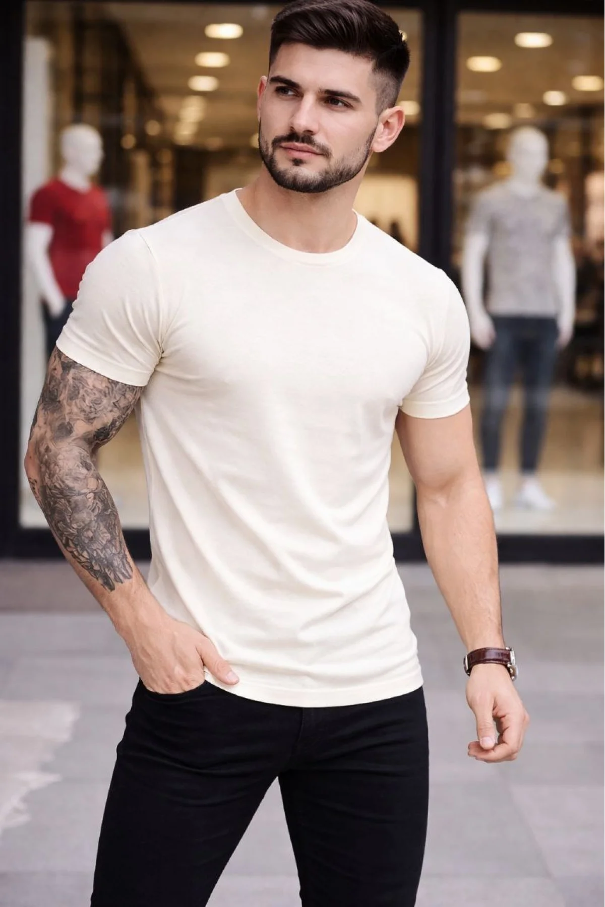 Erkek Bisiklet Yaka Slim Fit dar kesim Likralı Tişört - Taş