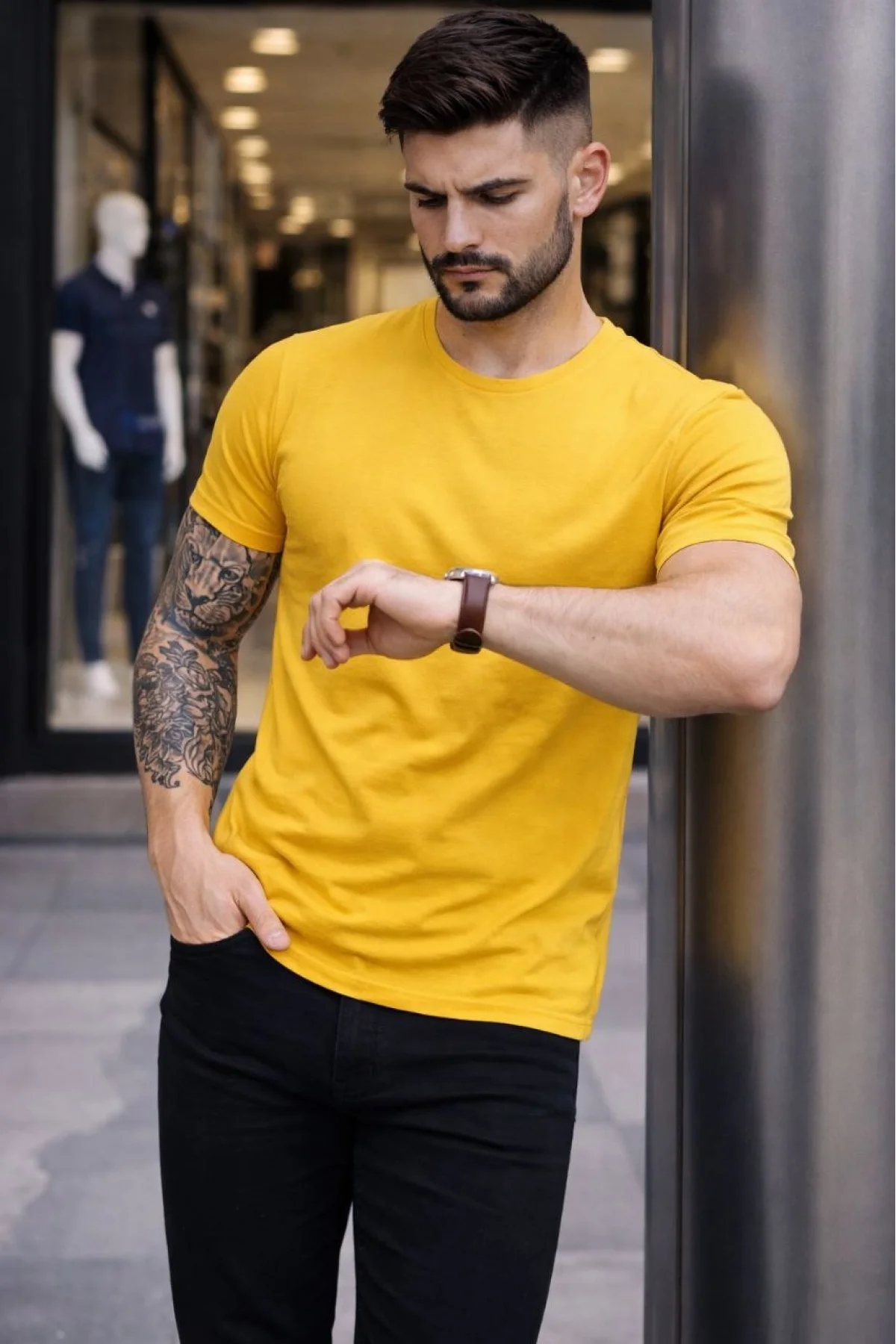 Erkek Bisiklet Yaka Slim Fit dar kesim Likralı Tişört - Sarı