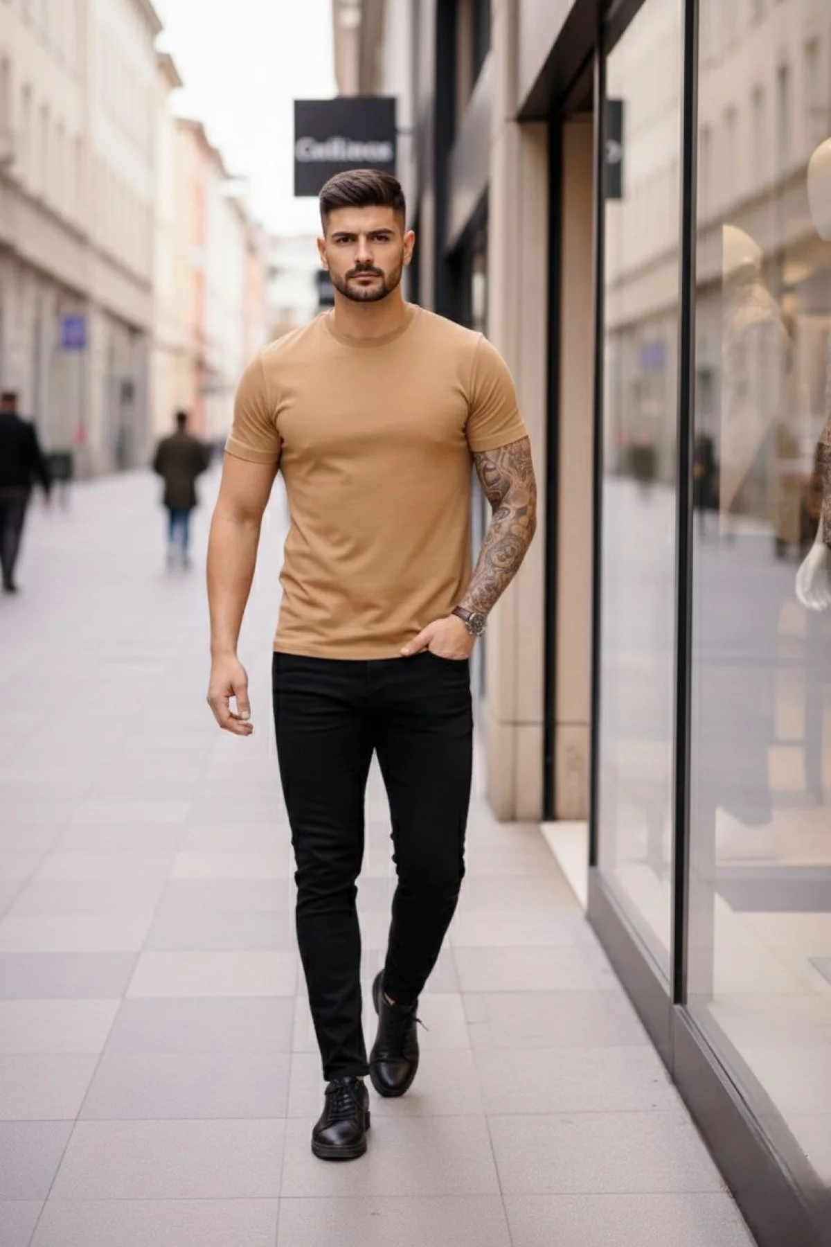 Erkek Bisiklet Yaka Slim Fit dar kesim Likralı Tişört - Kahverengi