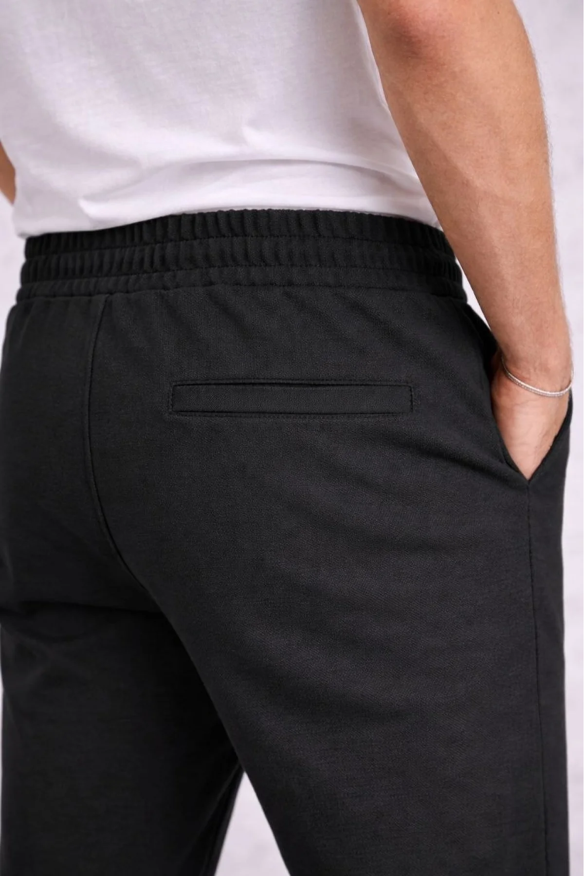 Erkek Diagonel Mikro dokulu Duble Paça Cepli Pantolon Bağcıklı Bel, Modern Kesim - Siyah