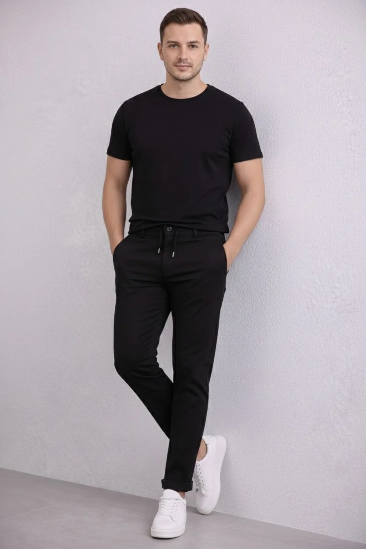 Erkek Diagonel Mikro dokulu Duble Paça Cepli Pantolon Bağcıklı Bel, Modern Kesim - Siyah