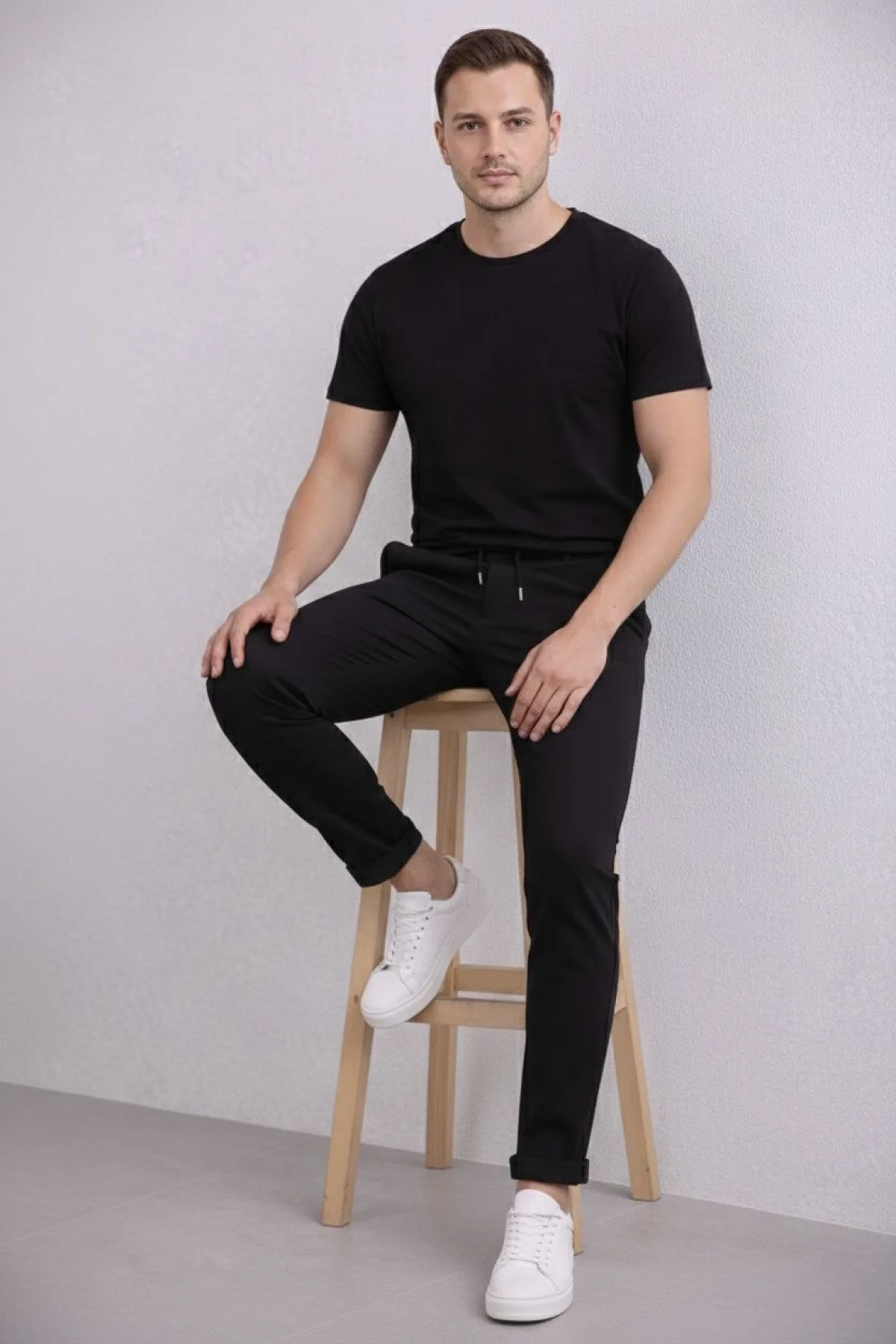 Erkek Diagonel Mikro dokulu Duble Paça Cepli Pantolon Bağcıklı Bel, Modern Kesim - Siyah