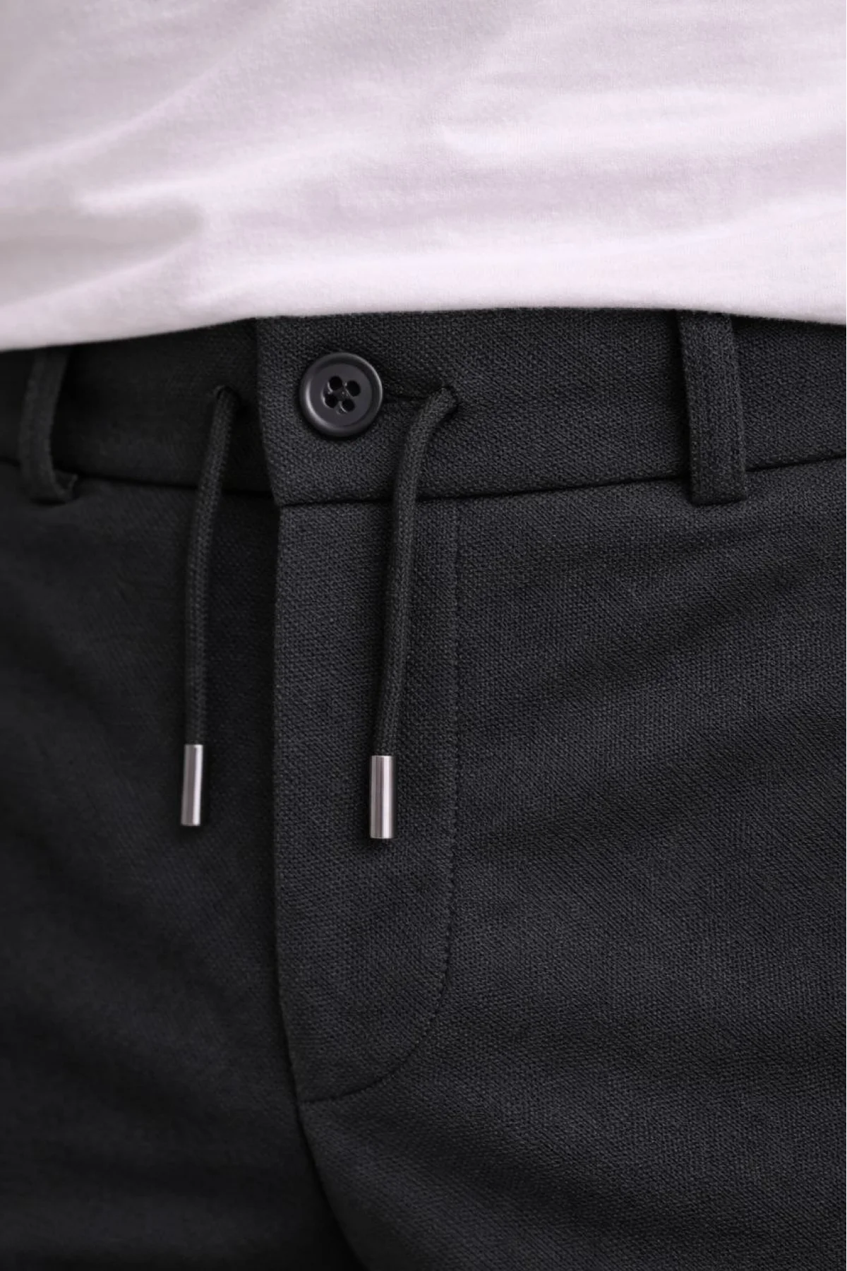 Erkek Diagonel Mikro dokulu Duble Paça Cepli Pantolon Bağcıklı Bel, Modern Kesim - Siyah