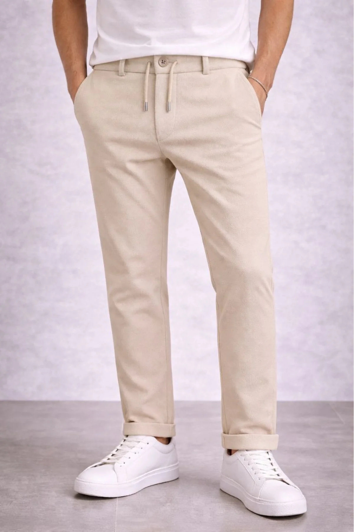 Erkek Diagonel Mikro dokulu Duble Paça Cepli Pantolon Bağcıklı Bel, Modern Kesim - Krem