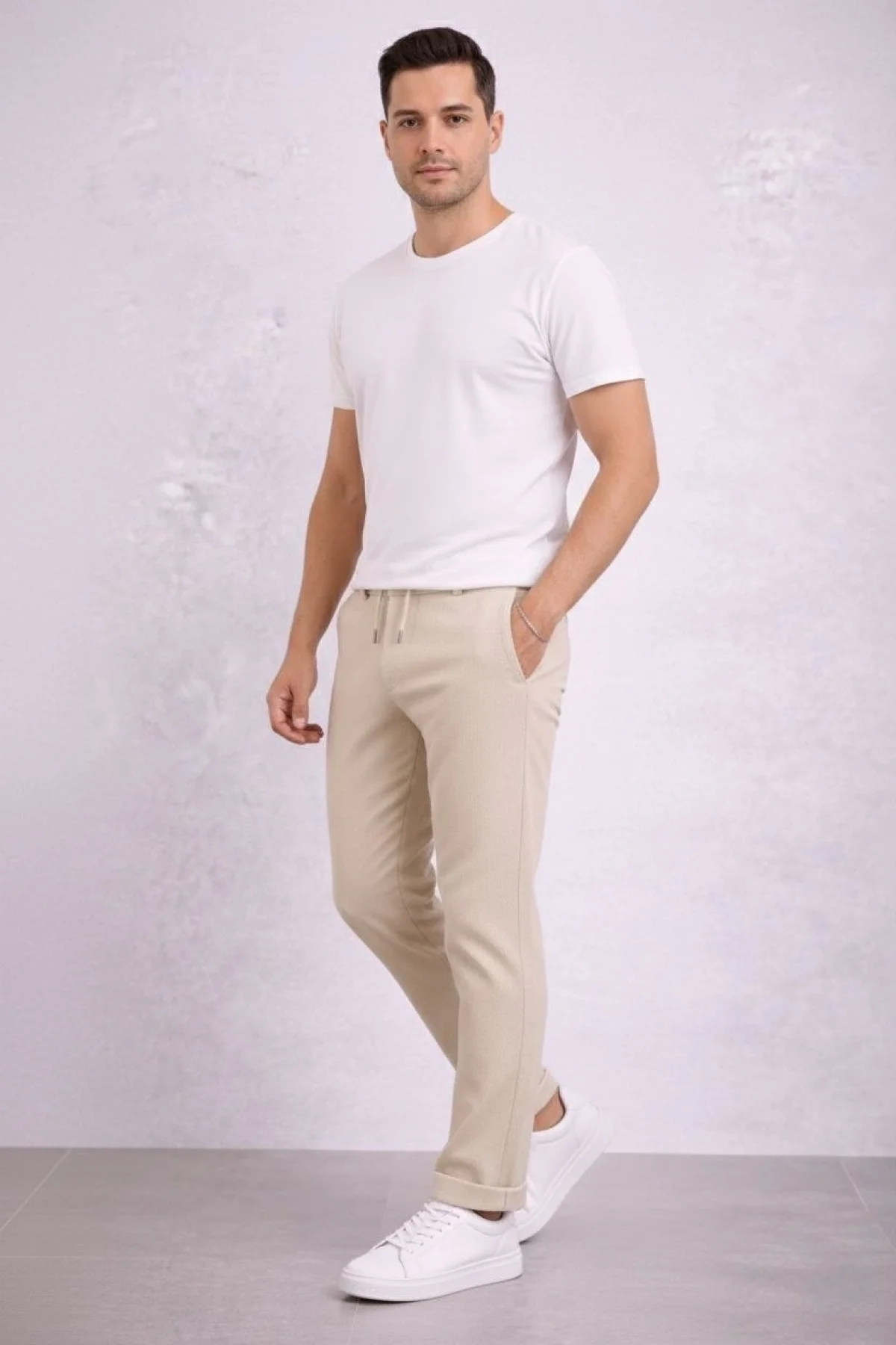 Erkek Diagonel Mikro dokulu Duble Paça Cepli Pantolon Bağcıklı Bel, Modern Kesim - Krem