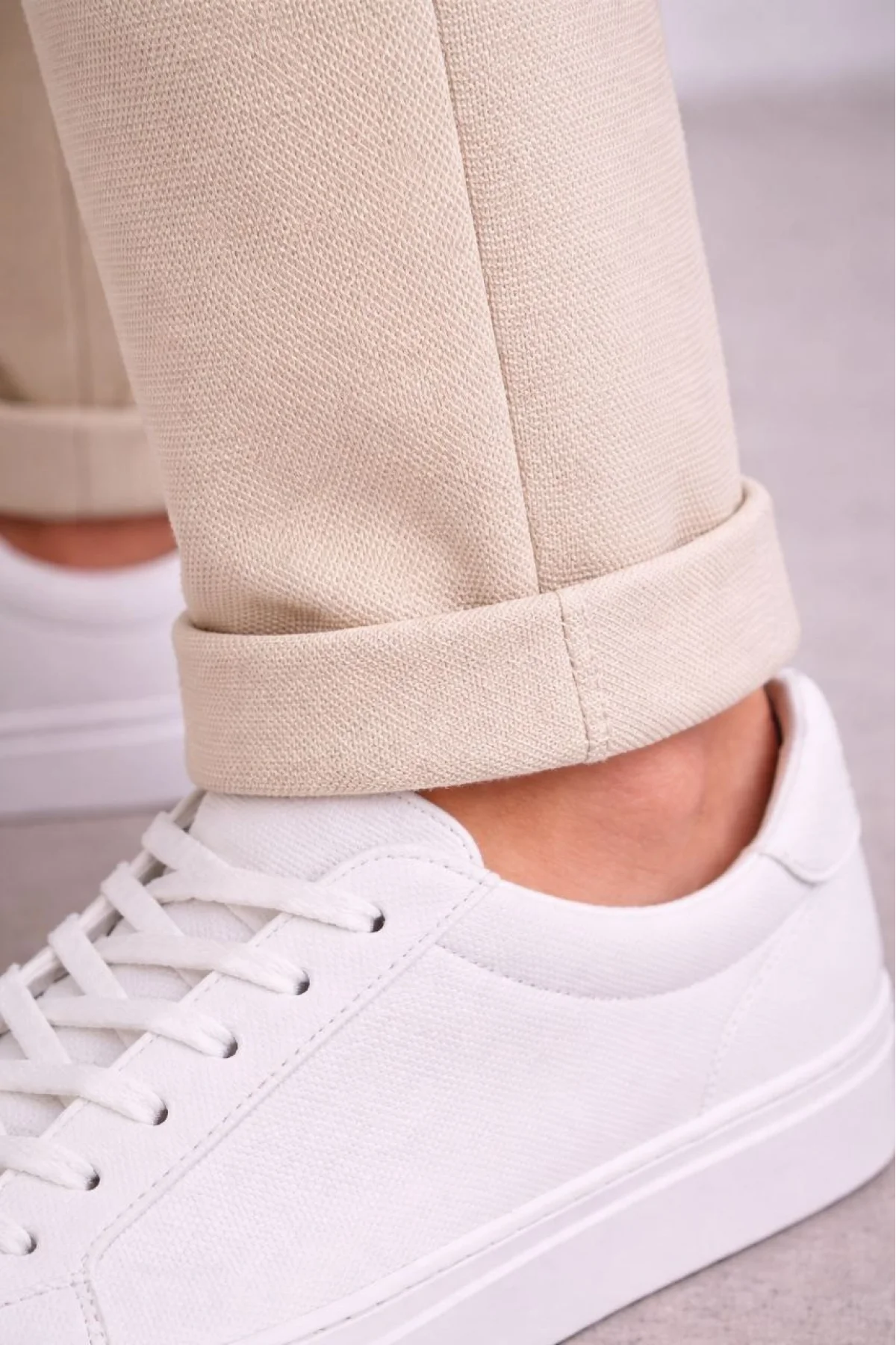 Erkek Diagonel Mikro dokulu Duble Paça Cepli Pantolon Bağcıklı Bel, Modern Kesim - Krem