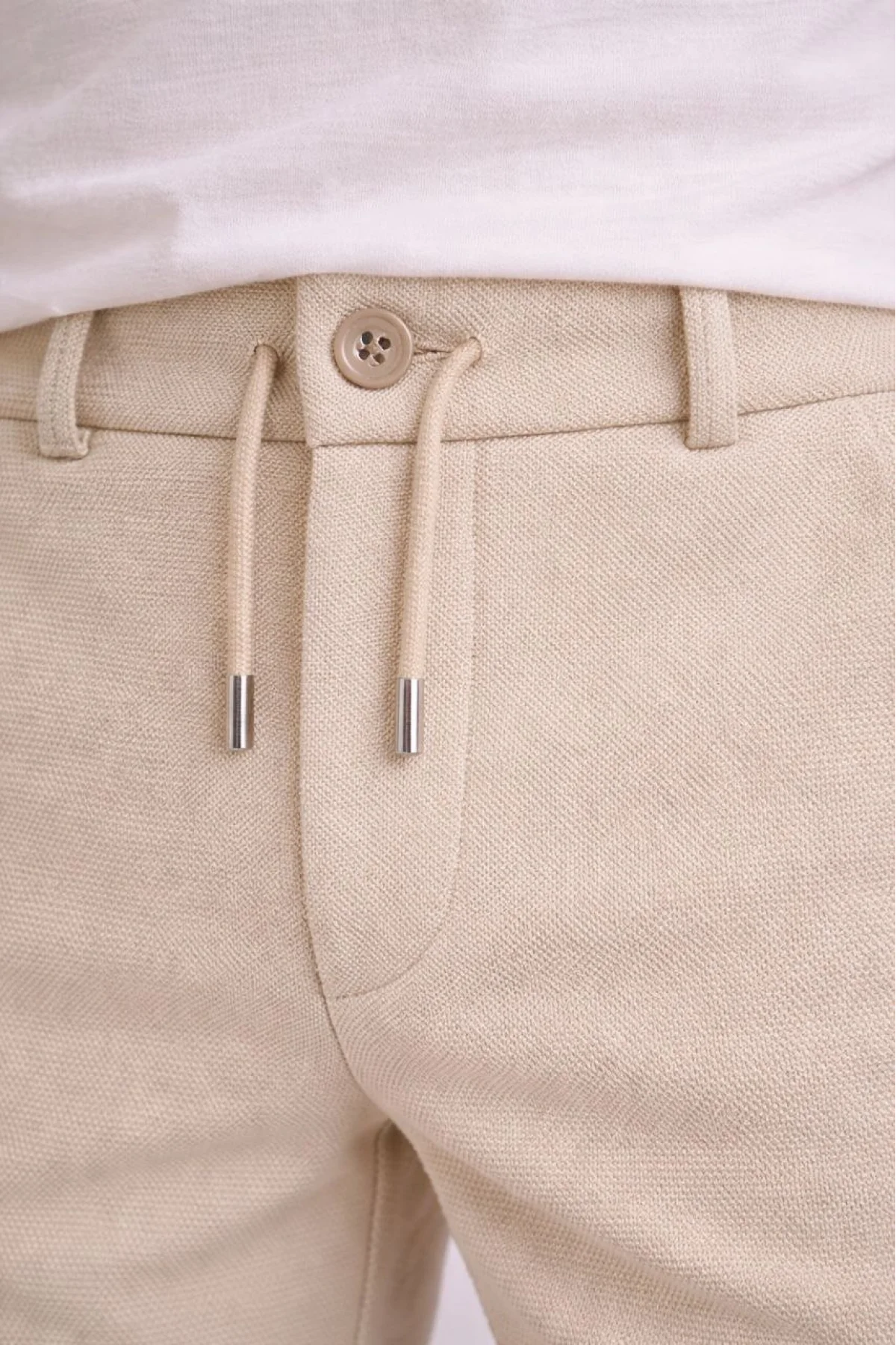 Erkek Diagonel Mikro dokulu Duble Paça Cepli Pantolon Bağcıklı Bel, Modern Kesim - Krem