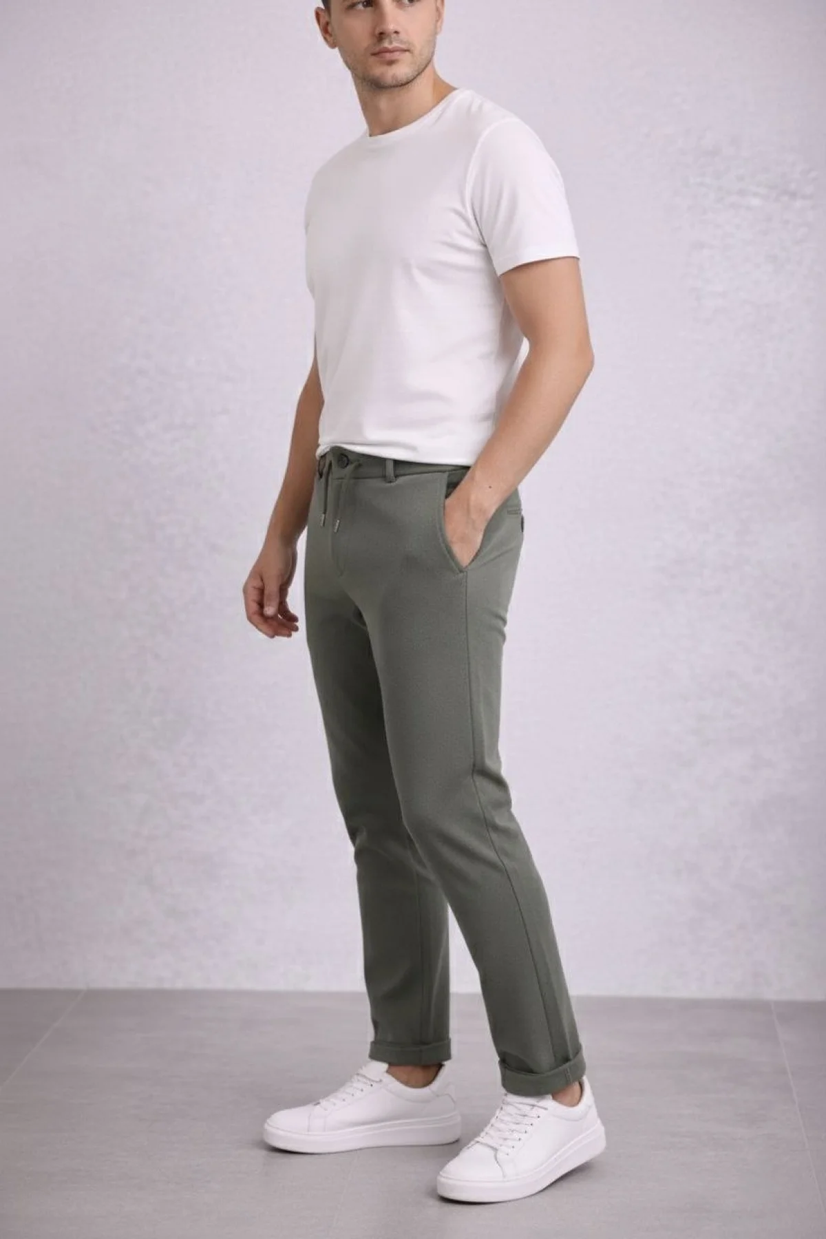 Erkek Diagonel Mikro dokulu Duble Paça Cepli Pantolon Bağcıklı Bel, Modern Kesim - Haki