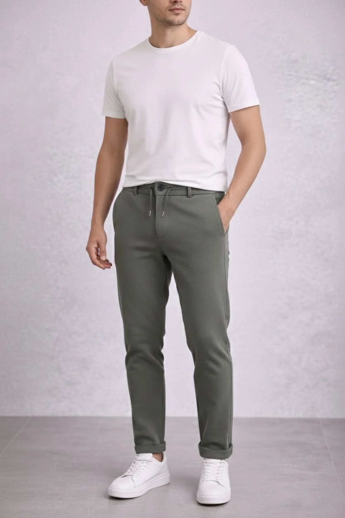 Erkek Diagonel Mikro dokulu Duble Paça Cepli Pantolon Bağcıklı Bel, Modern Kesim - Haki