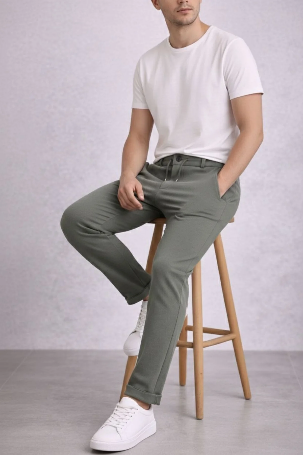 Erkek Diagonel Mikro dokulu Duble Paça Cepli Pantolon Bağcıklı Bel, Modern Kesim - Haki