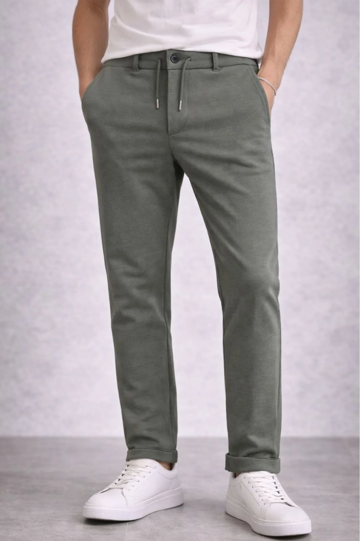 Erkek Diagonel Mikro dokulu Duble Paça Cepli Pantolon Bağcıklı Bel, Modern Kesim - Haki