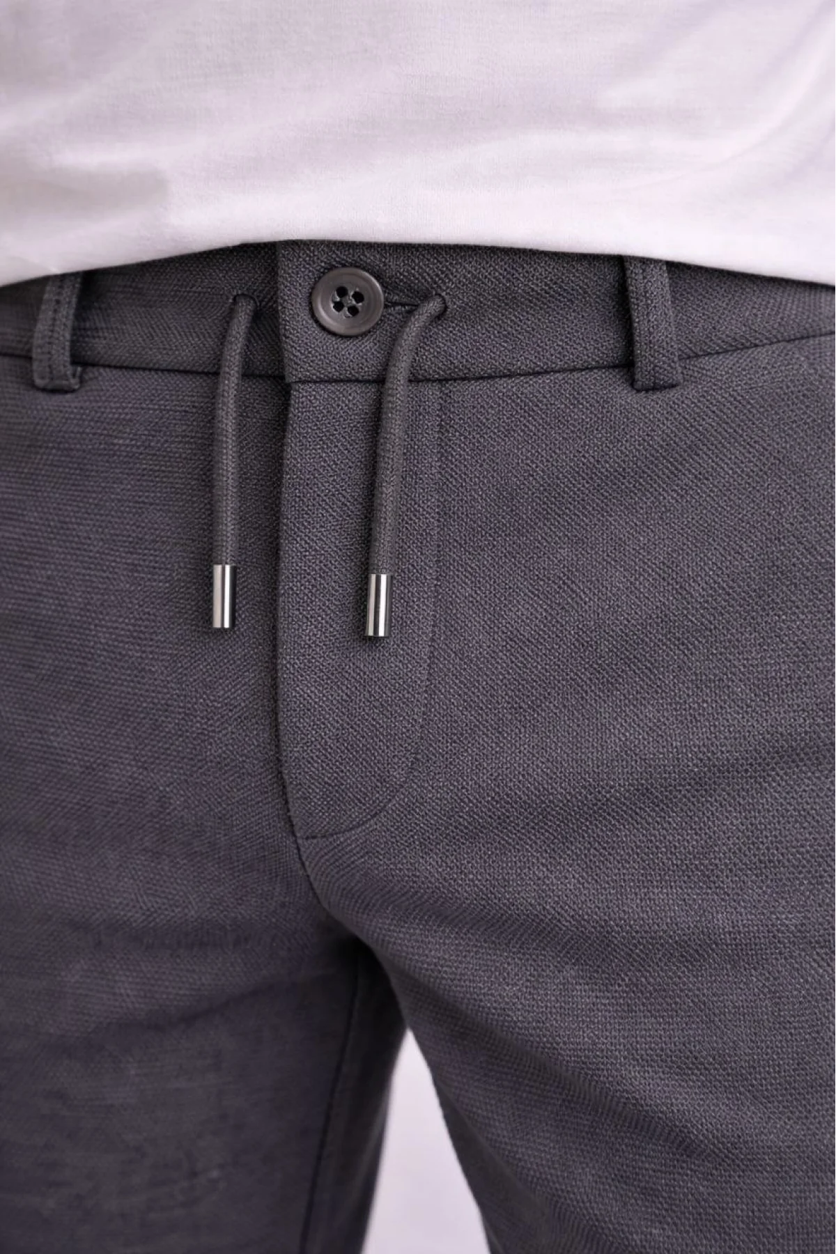 Erkek Diagonel Mikro dokulu Duble Paça Cepli Pantolon Bağcıklı Bel, Modern Kesim - Füme