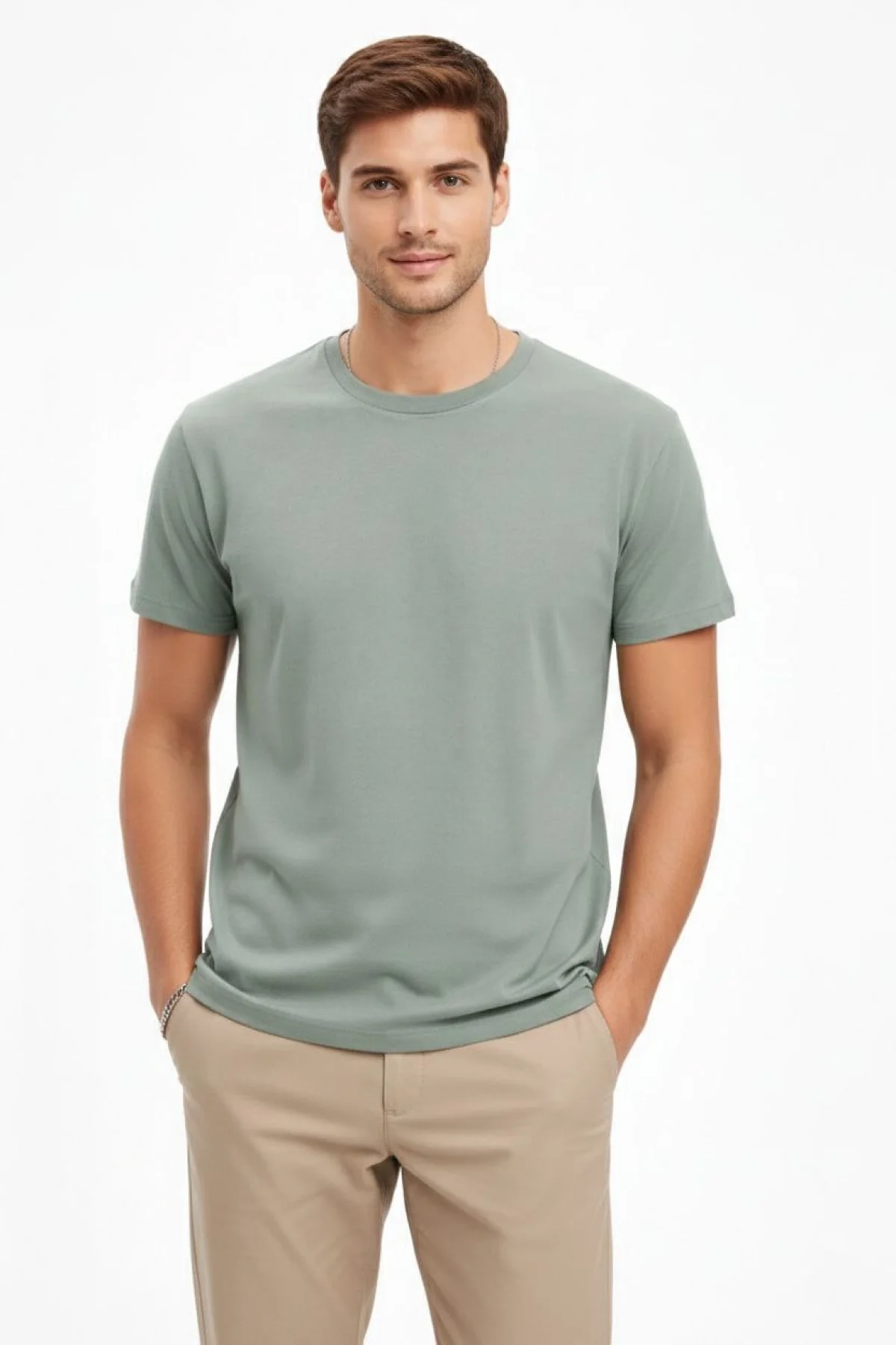 Erkek Bisiklet Yaka Tişört Regular Kalıp Basic Pamuklu Günlük Kullanım T-shirt - Mint Yeşili