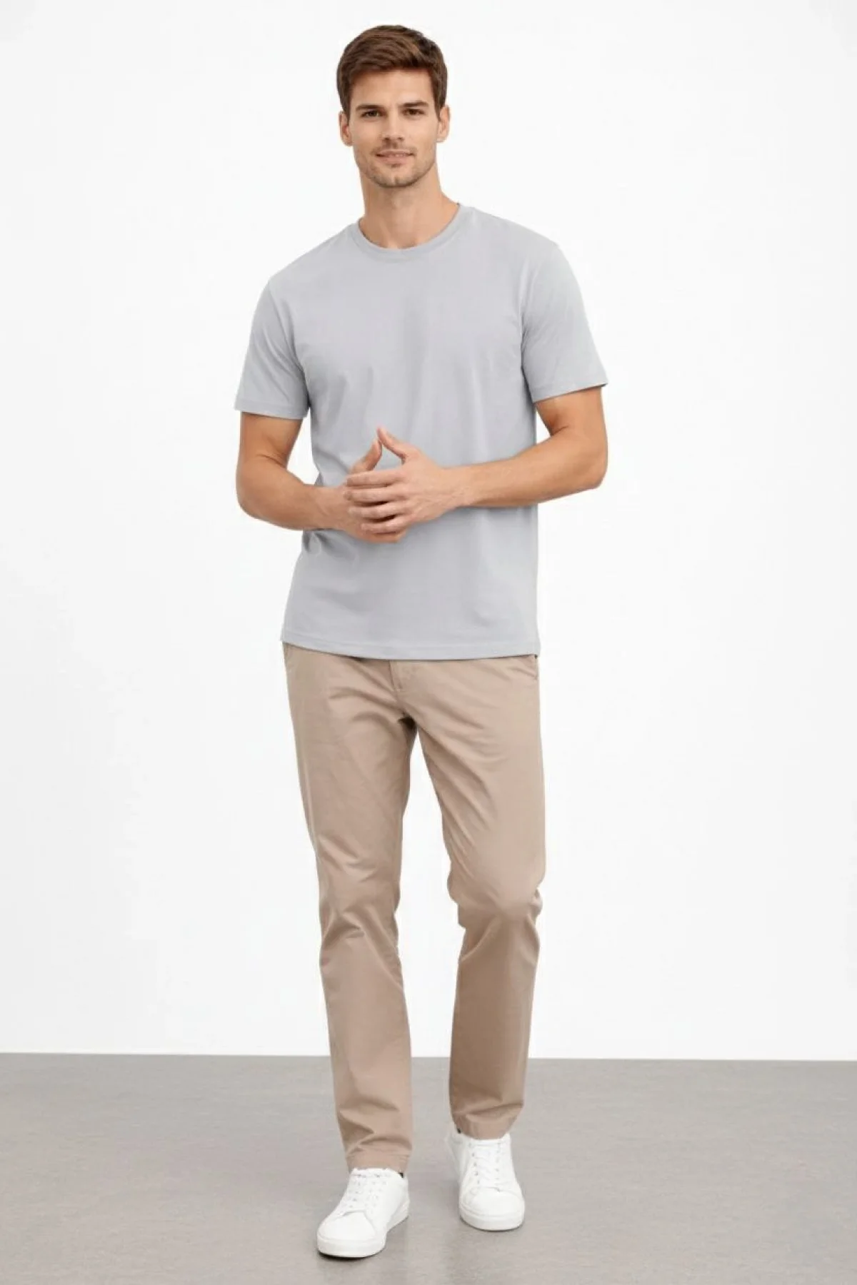 Erkek Bisiklet Yaka Tişört Regular Kalıp Basic Pamuklu Günlük Kullanım T-shirt - Gri