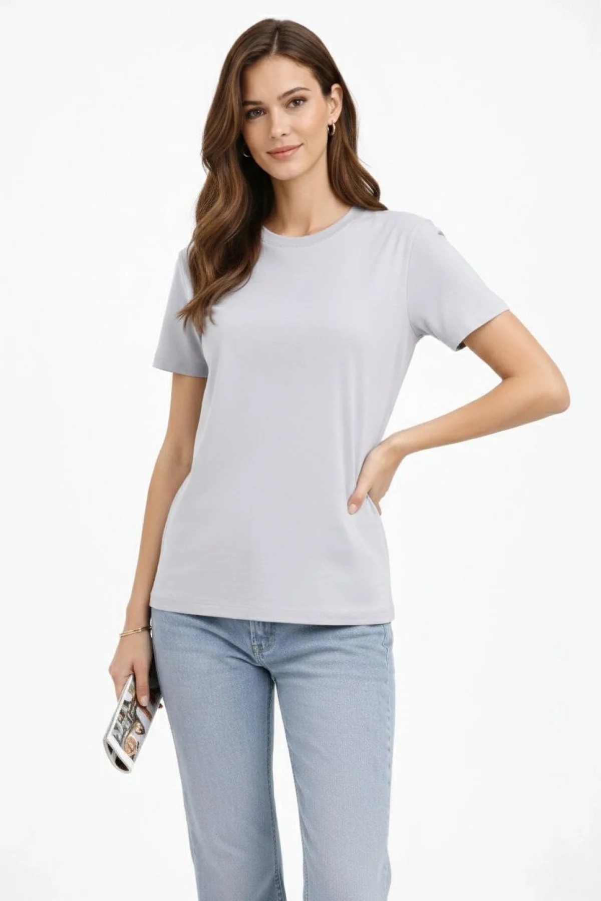 Kadın Bisiklet Yaka Tişört  Regular Kalıp Basic Pamuklu  Günlük Kullanım  T-shirt - Gri