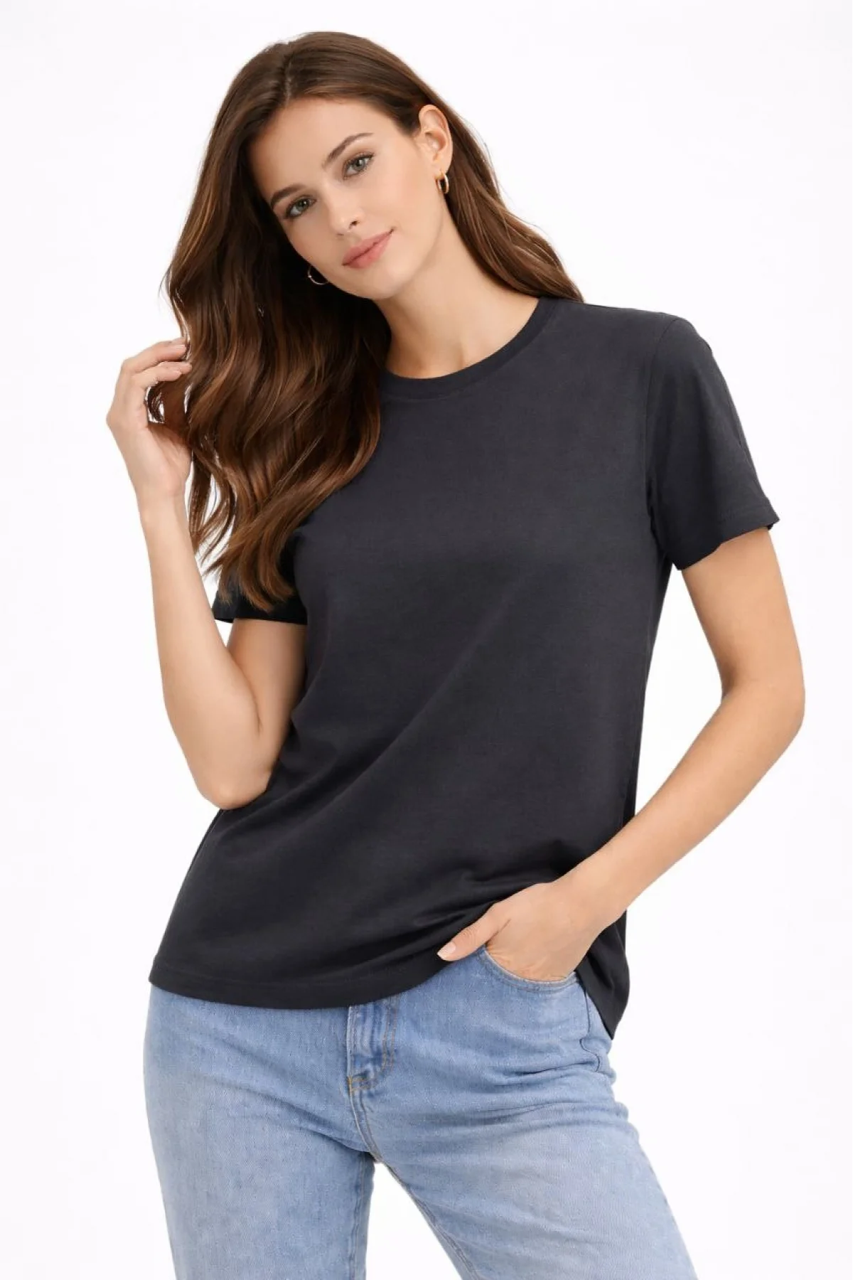 Kadın Bisiklet Yaka Tişört Regular Kalıp Basic Pamuklu Günlük Kullanım T-shirt - Füme