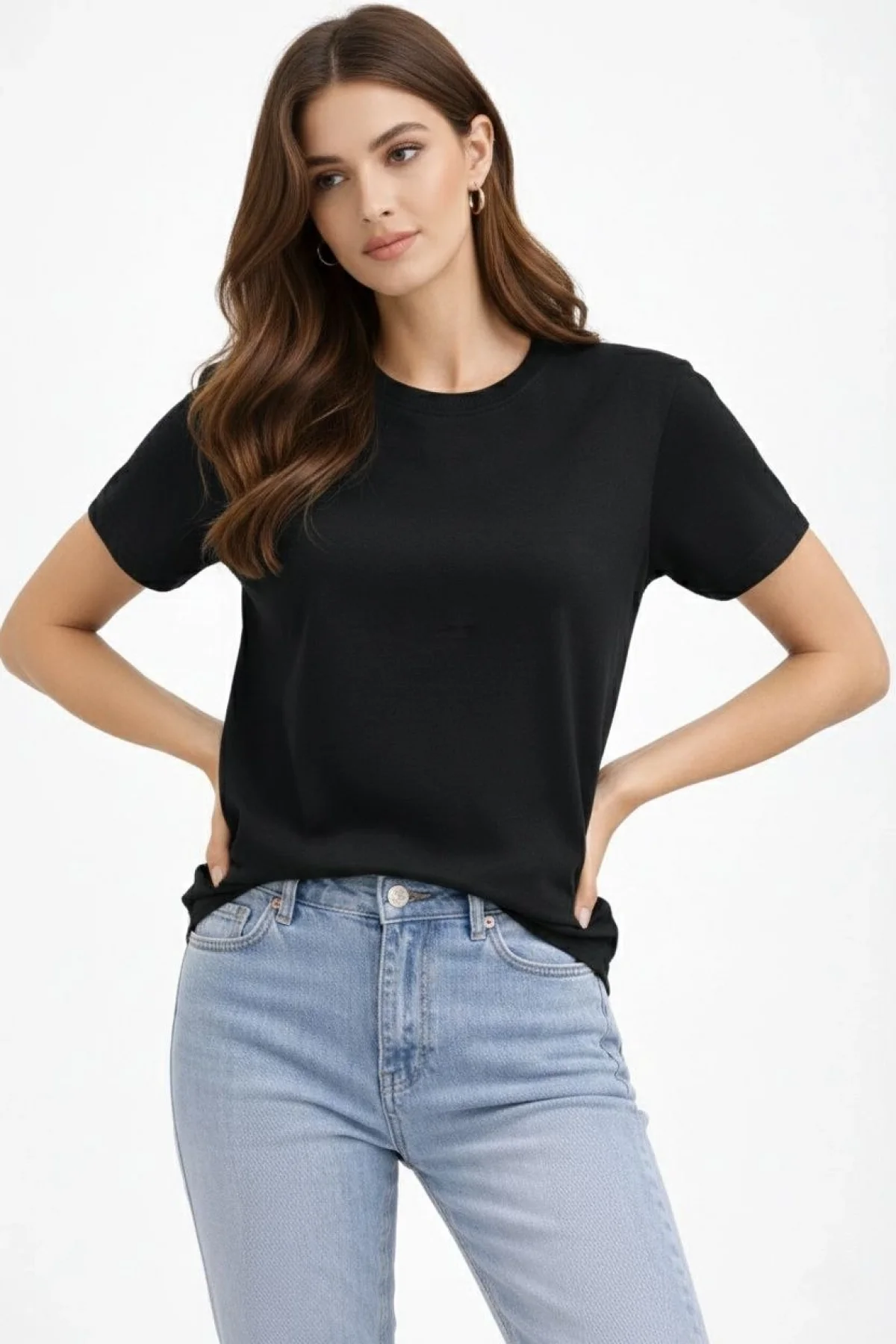 Kadın Bisiklet Yaka Tişört Regular Kalıp Basic Pamuklu Günlük Kullanım T-shirt - Siyah