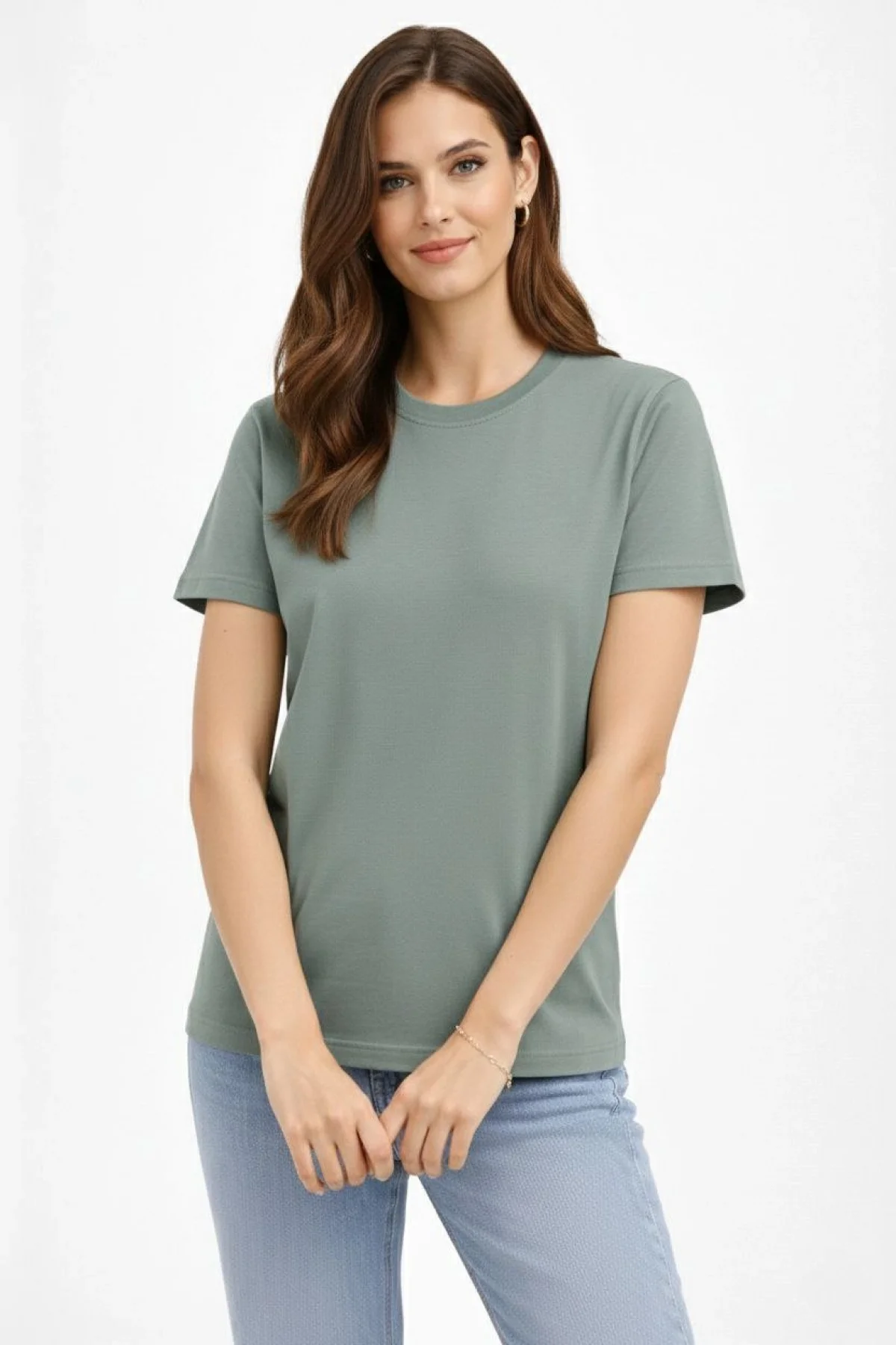 Kadın Bisiklet Yaka Tişört Regular Kalıp Basic Pamuklu Günlük Kullanım T-shirt - Mint Yeşili