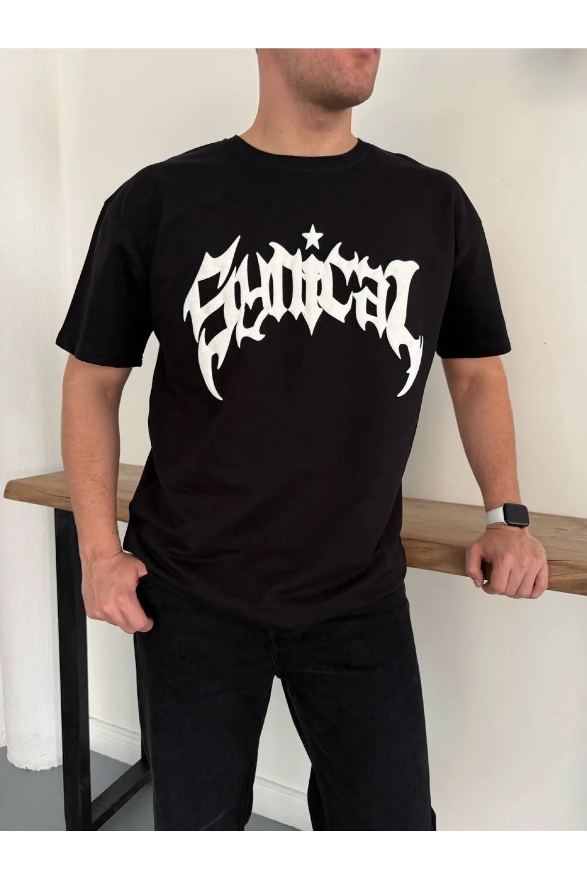 Erkek Bisiklet Yaka Ön Baskılı  Kısa Kollu Tişört Streetwear Günlük Basic Pamuklu T-shirt - Siyah