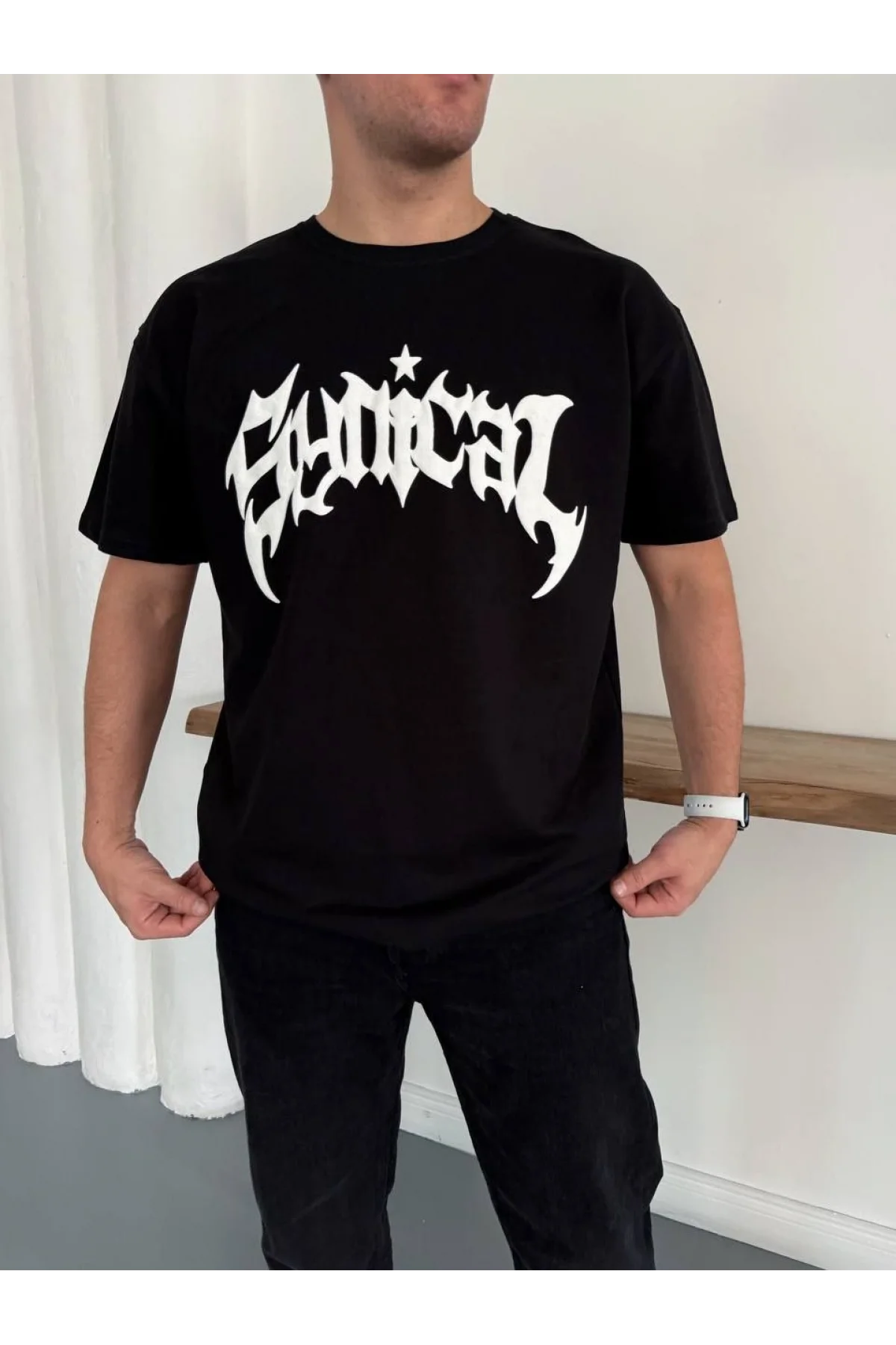 Erkek Bisiklet Yaka Ön Baskılı  Kısa Kollu Tişört Streetwear Günlük Basic Pamuklu T-shirt - Siyah