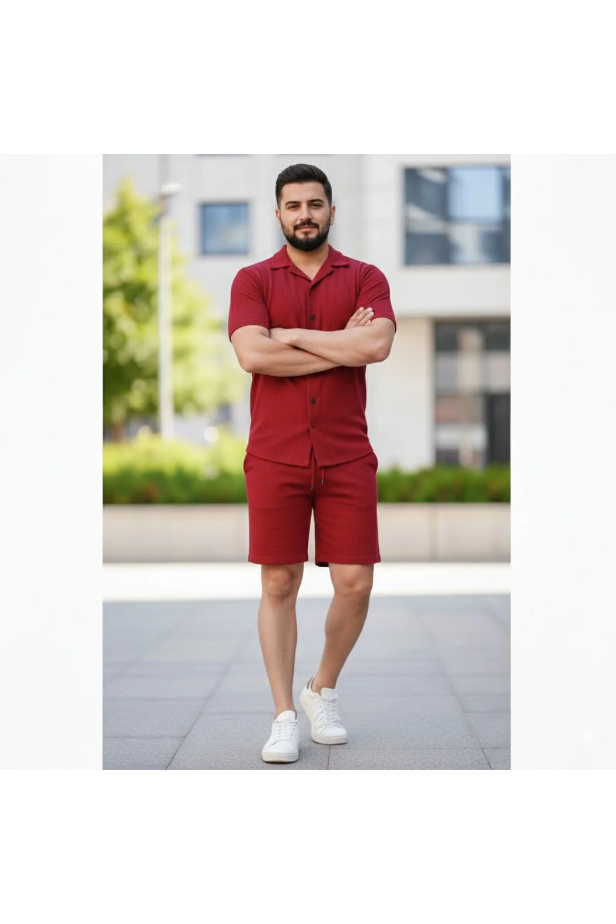 Erkek Waffle Kısa Kollu Gömlek Şort Takım Regular Fit İkili Set - Bordo