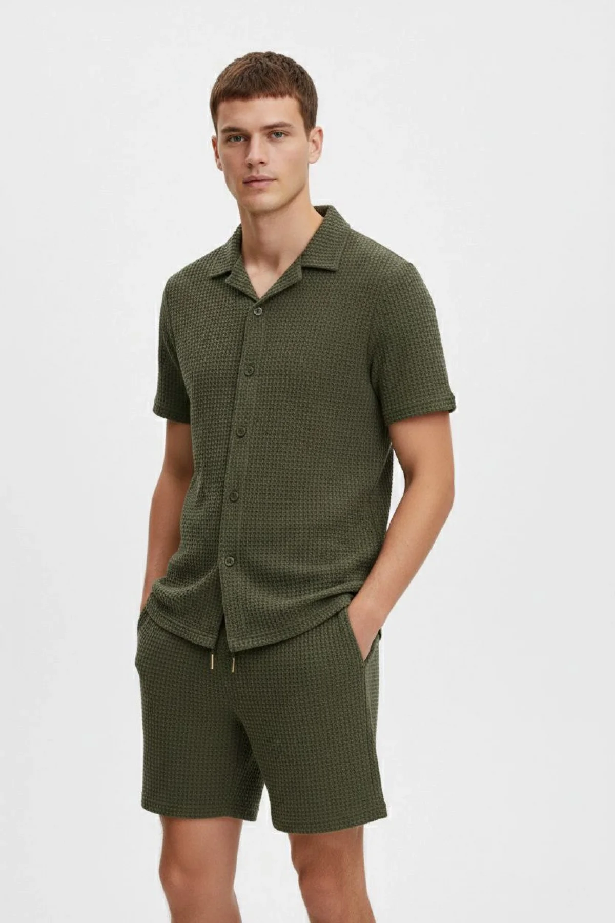 Erkek Waffle Kısa Kollu Gömlek Şort Takım Regular Fit İkili Set - Haki