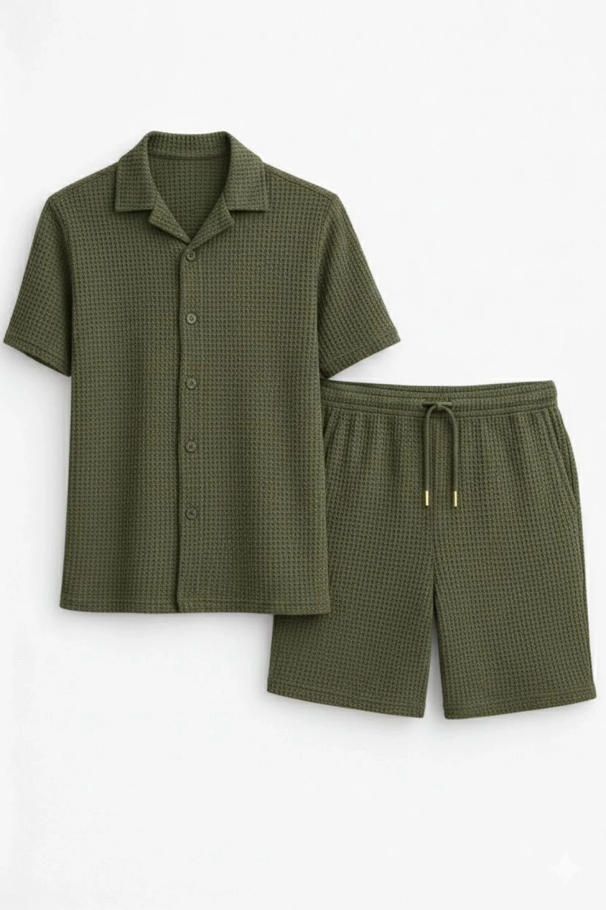 Erkek Waffle Kısa Kollu Gömlek Şort Takım Regular Fit İkili Set - Haki