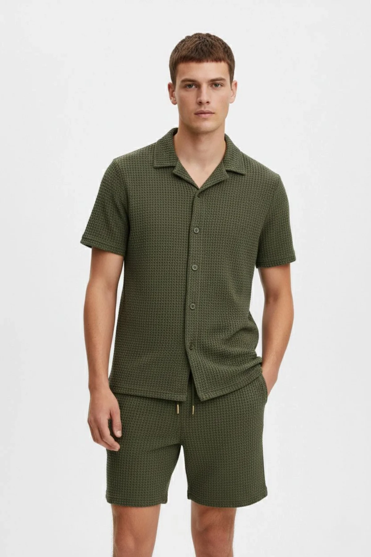 Erkek Waffle Kısa Kollu Gömlek Şort Takım Regular Fit İkili Set - Haki