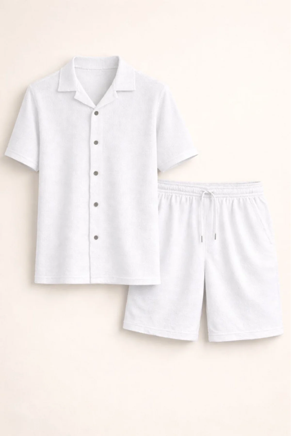 Erkek Waffle Kumaş Kısa Kollu Gömlek Şort Takım Regular Fit Yazlık İkili Set - Beyaz