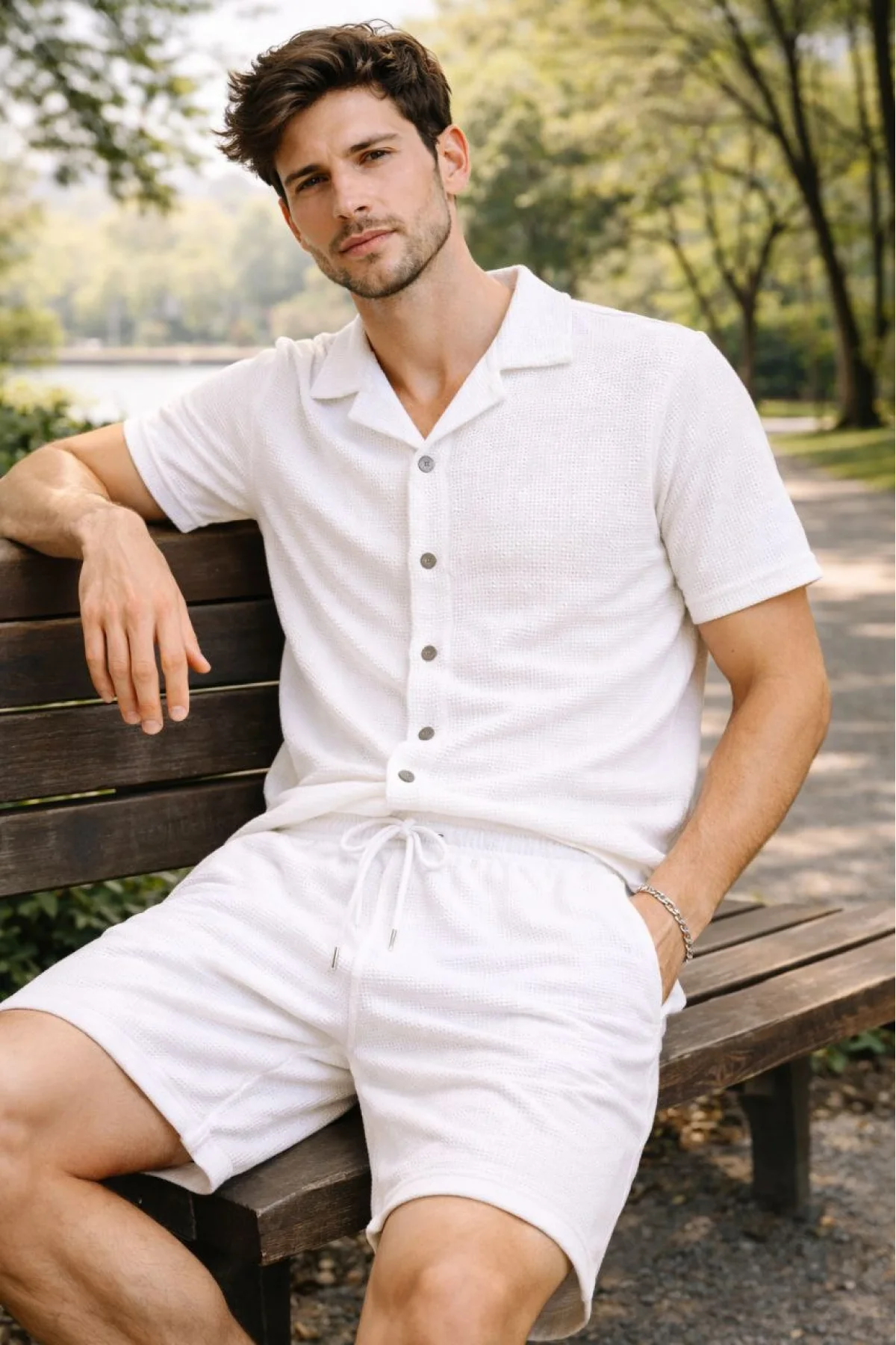 Erkek Waffle Kumaş Kısa Kollu Gömlek Şort Takım Regular Fit Yazlık İkili Set - Beyaz