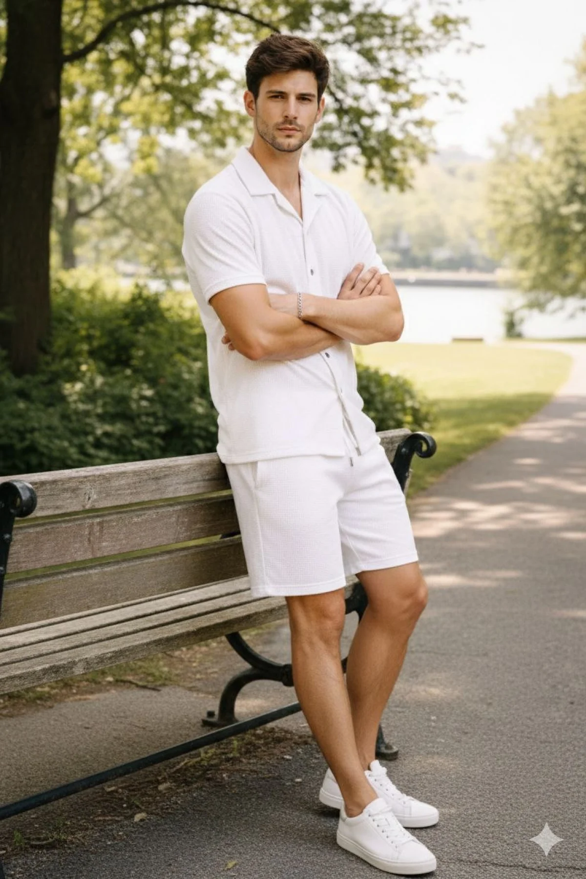 Erkek Waffle Kumaş Kısa Kollu Gömlek Şort Takım Regular Fit Yazlık İkili Set - Beyaz