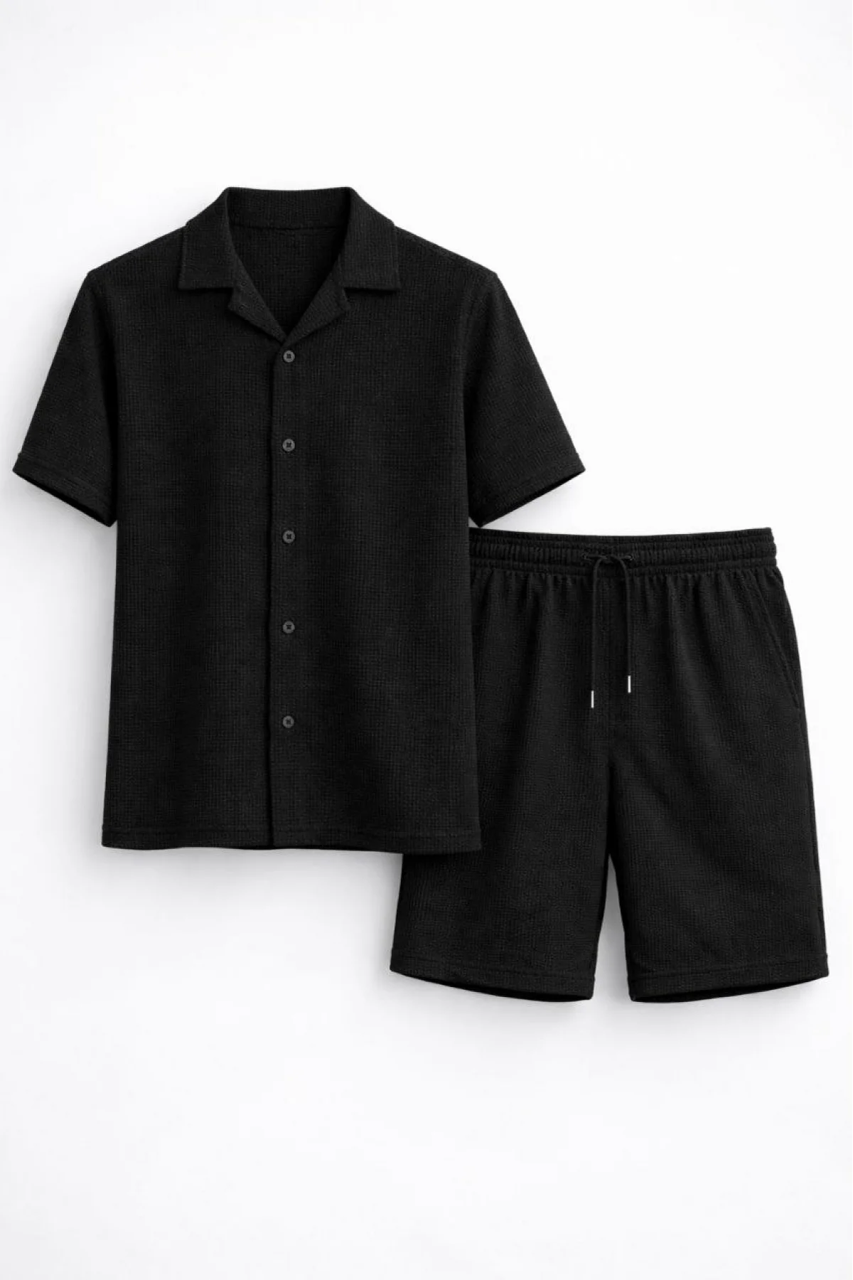 Erkek Waffle Kumaş Kısa Kollu Gömlek Şort Takım Regular Fit Yazlık İkili Set - Siyah