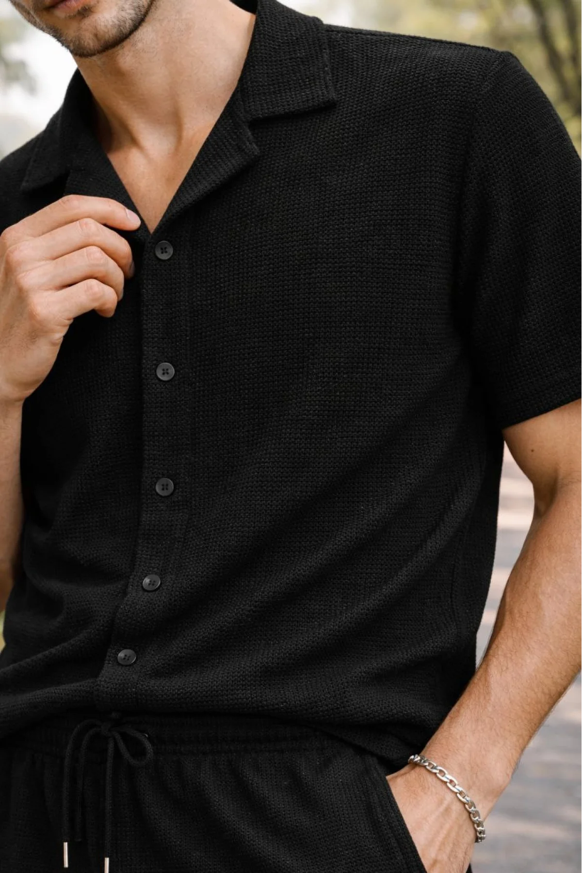 Erkek Waffle Kumaş Kısa Kollu Gömlek Şort Takım Regular Fit Yazlık İkili Set - Siyah