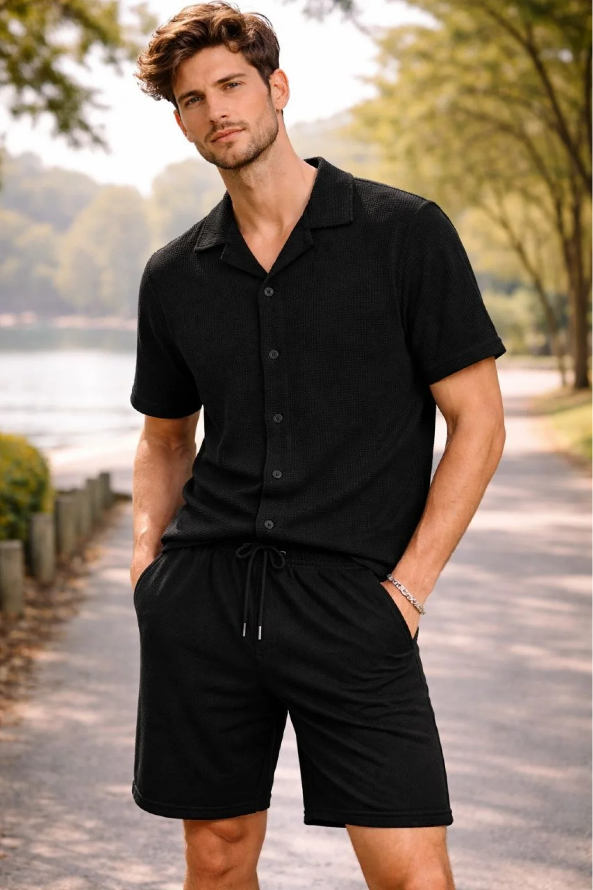 Erkek Waffle Kumaş Kısa Kollu Gömlek Şort Takım Regular Fit Yazlık İkili Set - Siyah