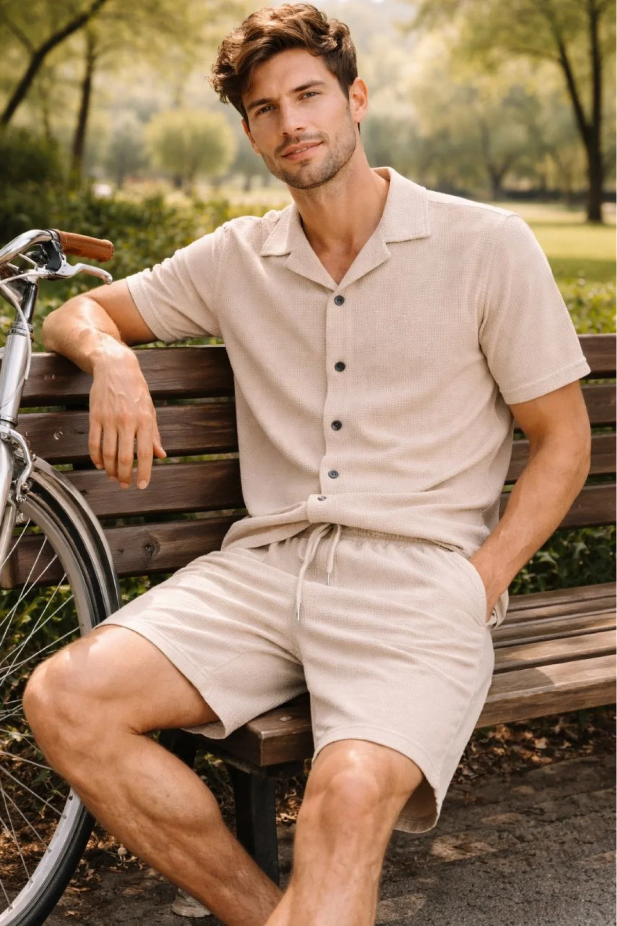 Erkek Waffle Kısa Kollu Gömlek Şort Takım Regular Fit İkili Set - Bej