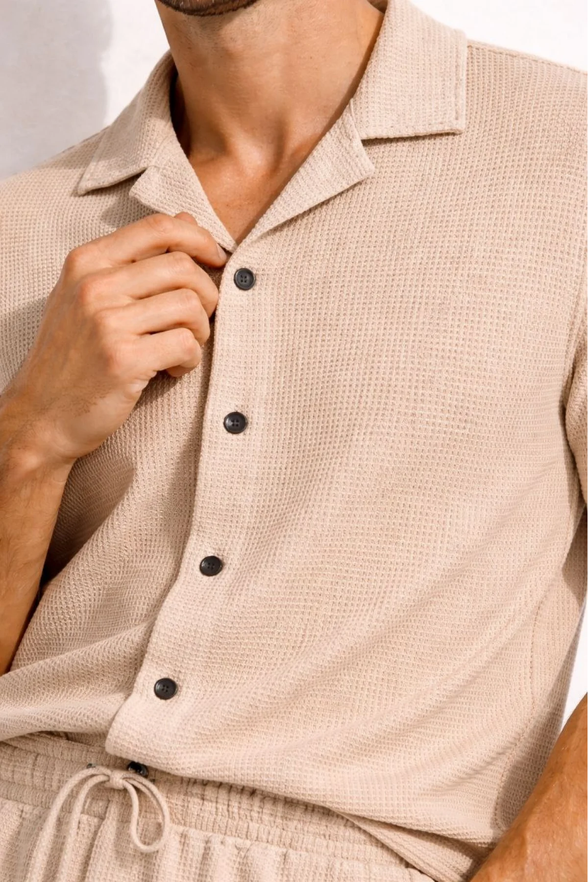 Erkek Waffle Kısa Kollu Gömlek Şort Takım Regular Fit İkili Set - Bej